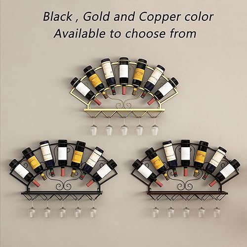 Miniatura 3 de Estante de metal para 7 botellas de vino, soporte para vino montado en la pared con estantes, estante de bar para licor, estante flotante para copas
