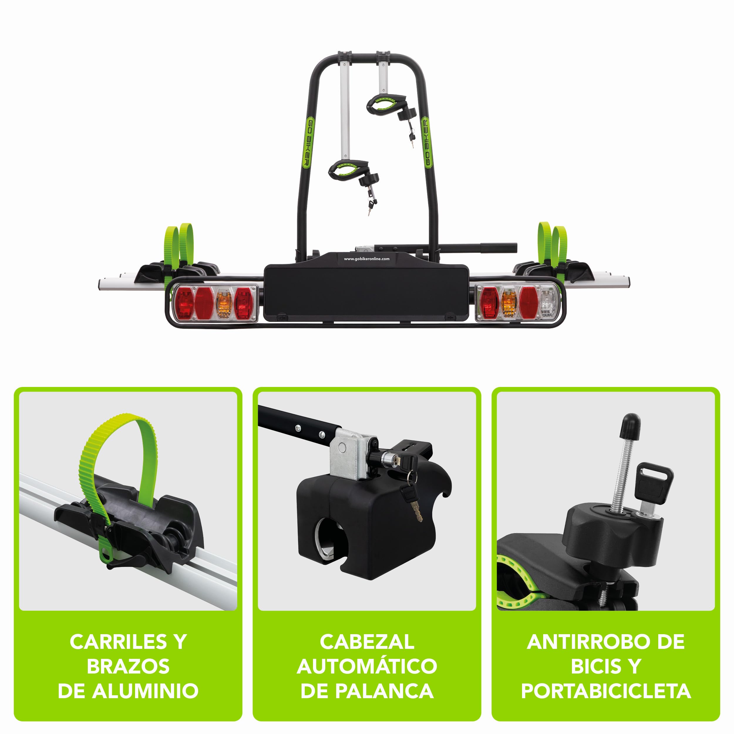 E-Trek Portabicicletas para 2 Bicicletas eléctricas- Enganche a Bola de Remolque con Palanca - Cierre de Seguridad - Chasis Acero/Aluminio - Soporta 30kg por Carril