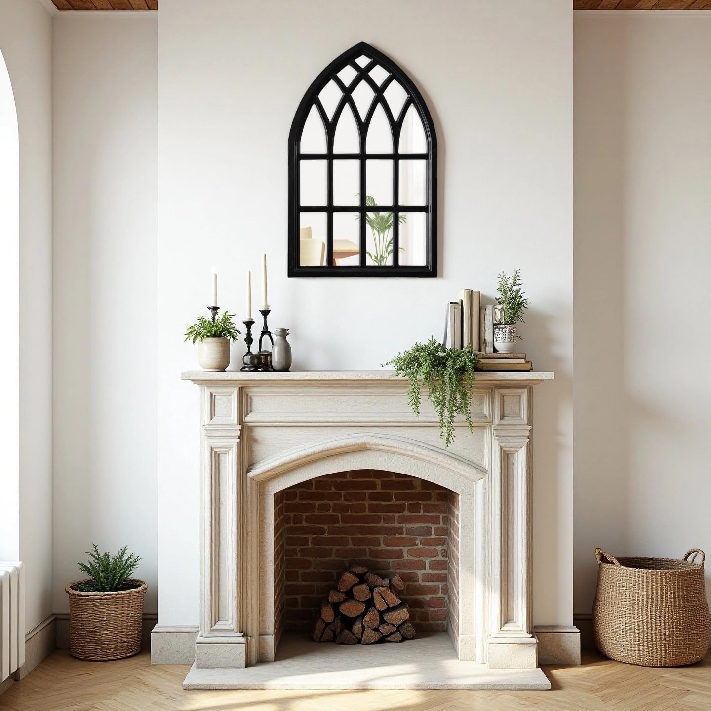 Vintage Cathedral Mirror 20 X 32 Inch, Hanging Farmhouse Black Arched Window Mirrors for Wall Decor, Wood Frame Gothic Windowpane Mirrors for Living Room Hallway Bedroom Halloween