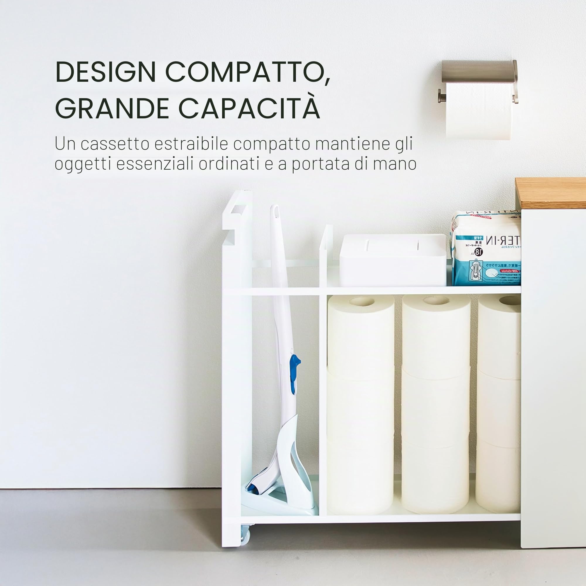 YAMAZAKI TOWER Scaffale estraibile con ripiano in legno e struttura in acciaio – stretto, organizer per bagno, WC, cucina, moderno – 56 x 14 x 55 cm, design giapponese, bianco