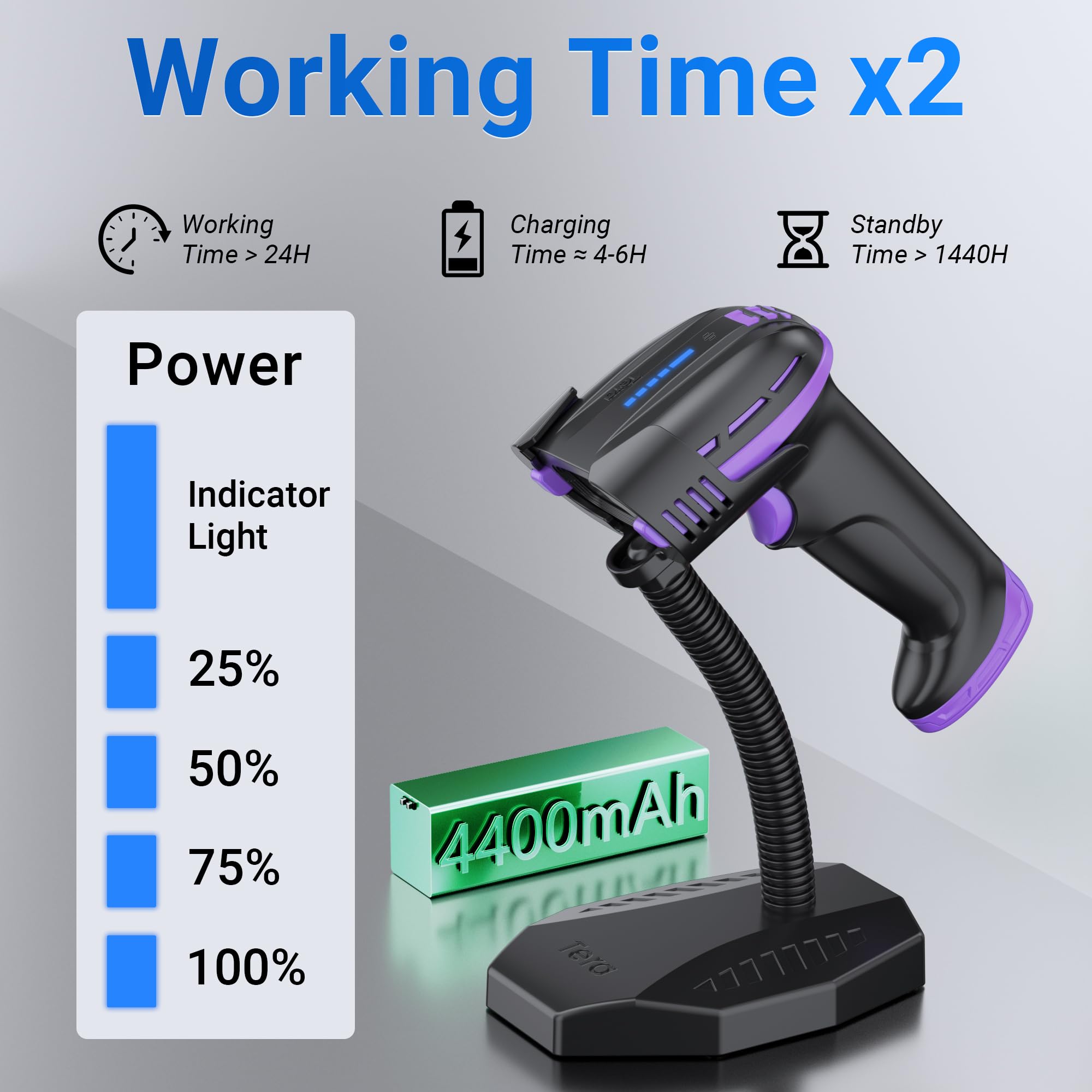 Tera Pro Barcode-Scanner Akku 4400mAh Kabellos 2D QR Bluetooth 2.4G Wireless USB D6100 Lila