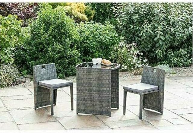 Spot on dealz® Rattan Garden Furniture Bistro Sets of 2 Chairs Patio Table and Chairs Indoor & Outdoor use Compact Square 3pc Set Grey Color With Cushions PP Cotton