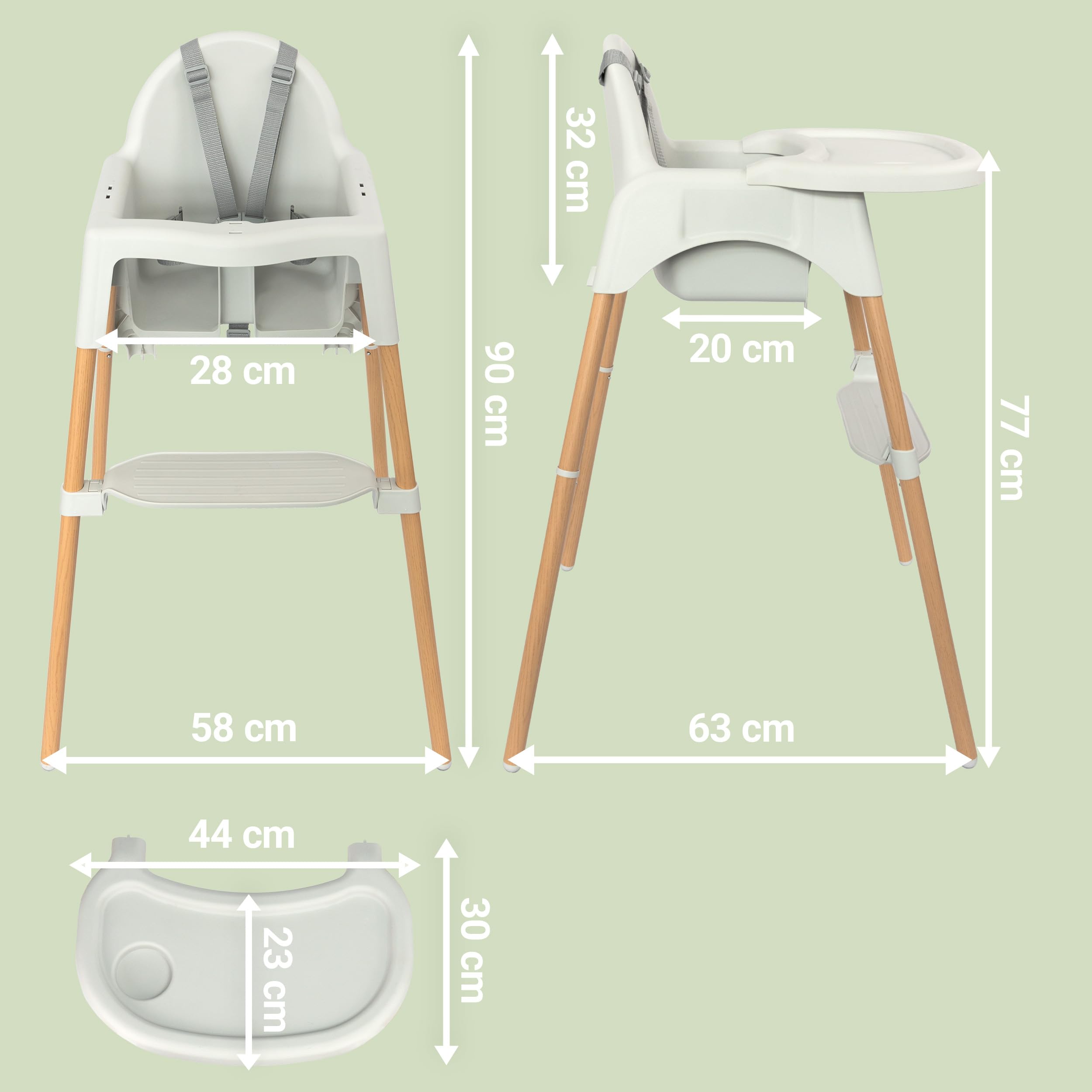 Zamboo Hochstuhl Baby ab 6 Monate | leichter Kinderhochstuhl (3,5 kg) mit edler Holzoptik, großem abnehmbarem Tablett und 5-Punktgurt | EN 14988:2017 geprüft, kippsicher, bis 15 kg - Grau