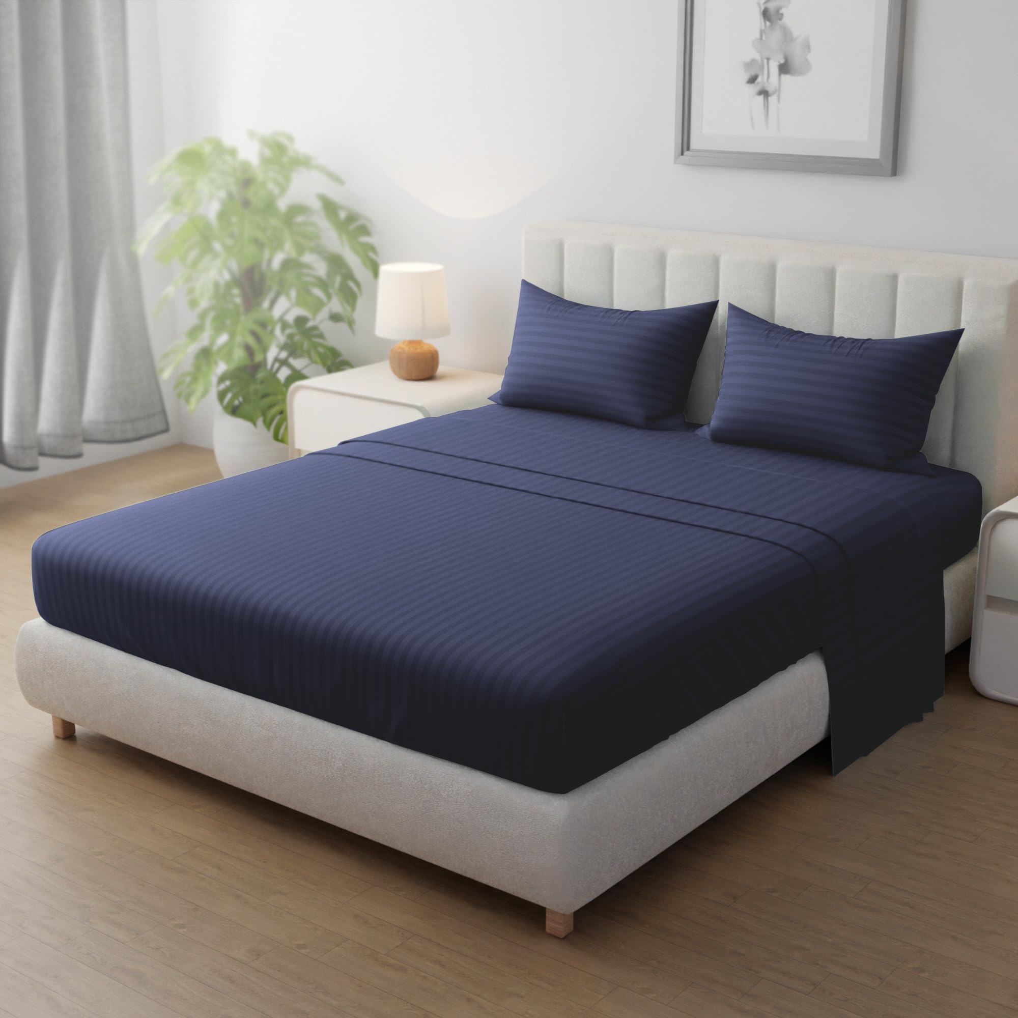 Hotel Linen Klub Striped Microfiber Fitted Sheet Set - Super King (200 x 200 cm) + 2 Pillowcases (50 x 75 cm), Premium, Durable Quality with Deep Pocket for a Perfect Fit, Navy