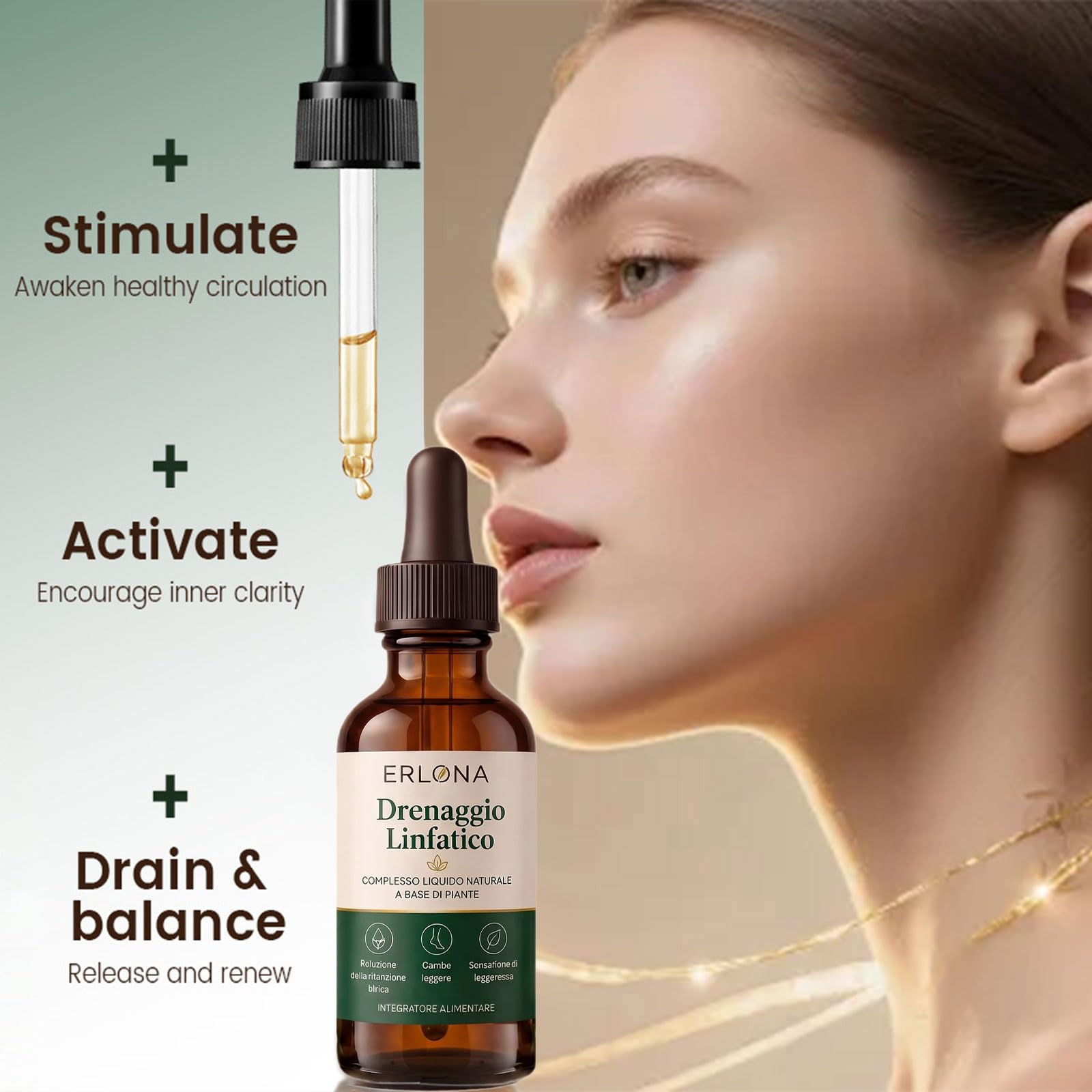Erlona Drainage Lymphatique Goutte, Drainage Lymphatique Corps Complet Erlona, Mélanges à Base de Plantes Naturelles, pour Femmes et Hommes (1 Pièce)