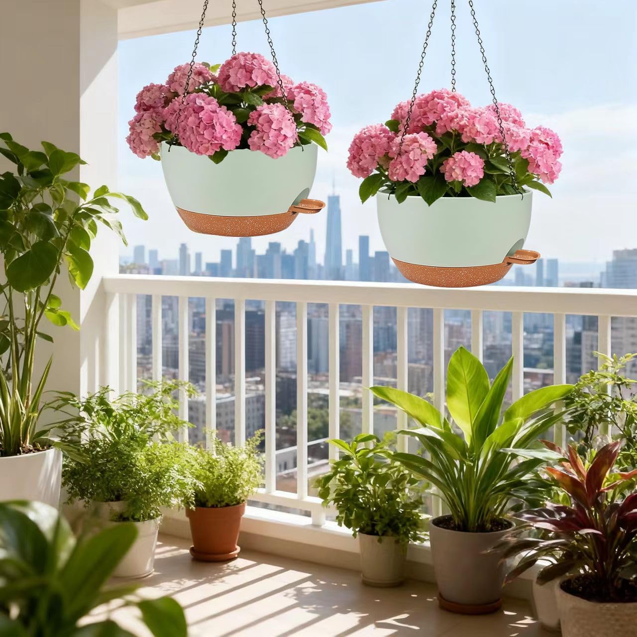 12 Inch Self Watering Hanging Planters 2 Pack, Indoor Outdoor Hanging Pots for Plants with Drainage Holes & Saucers, Green Brown Plastic Hanging Baskets for Kitchen Balcony Garden