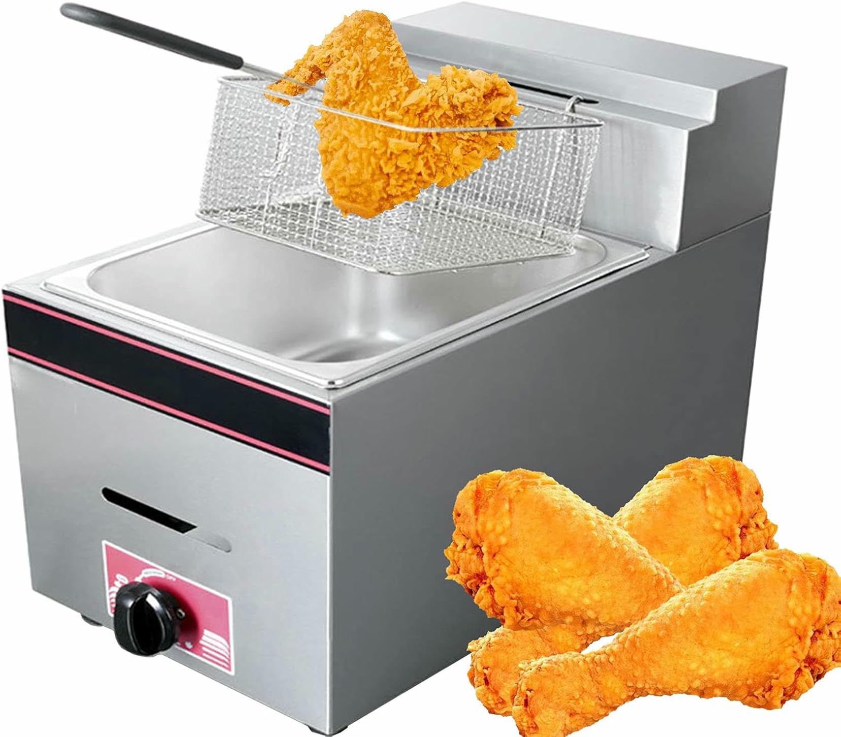 Freidora a Gas de Acero Inoxidable, freidora Comercial, freidora Individual de Gran Capacidad de 10 l, Control de Temperatura Ajustable, freidora de encimera Gruesa con Canasta~/