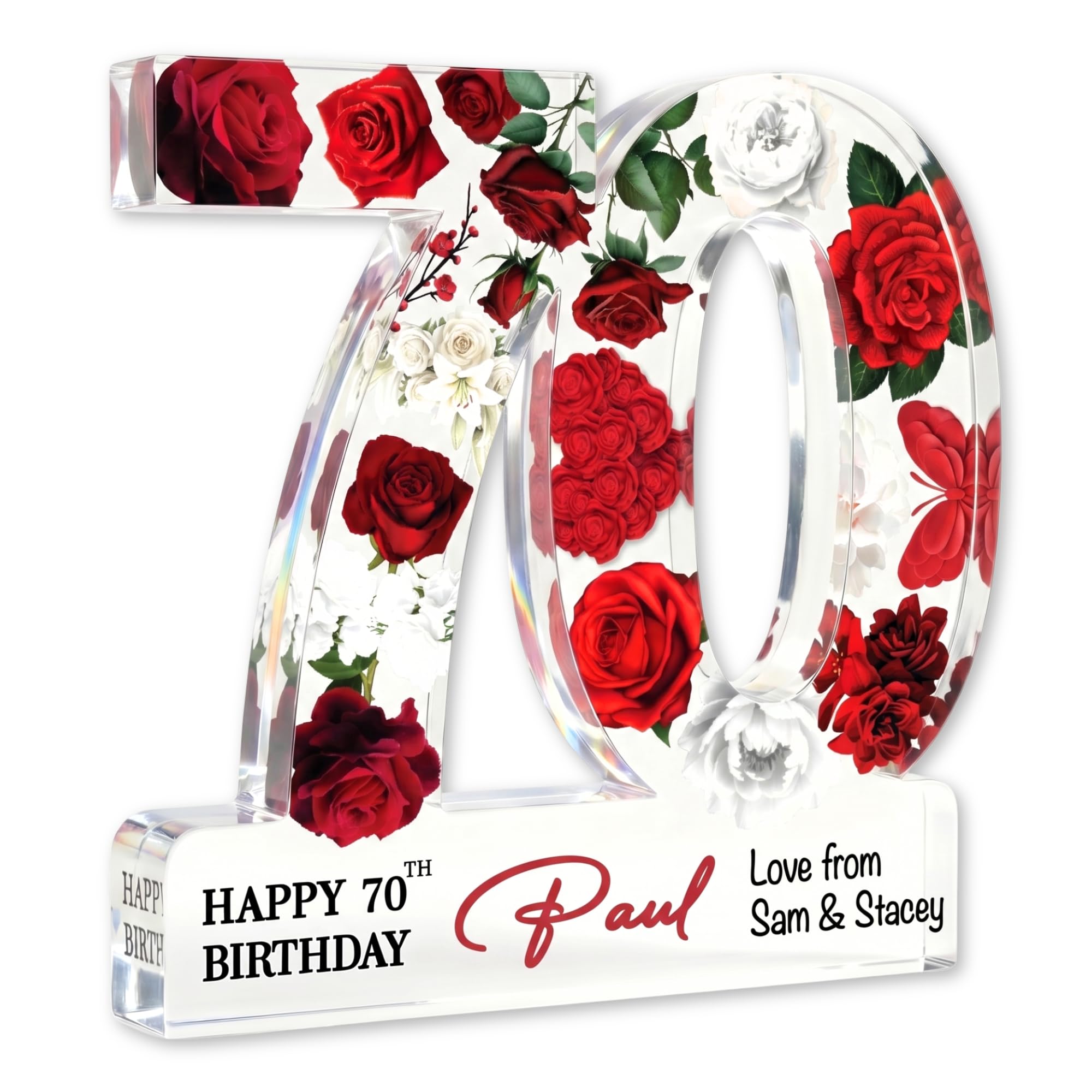 MyKeepsy Personalised 70th Birthday Plaque – Custom Name & Message Acrylic Keepsake, Floral 70 Decoration Gift for Women & Men, Available in 6 Colours (Red Floral)