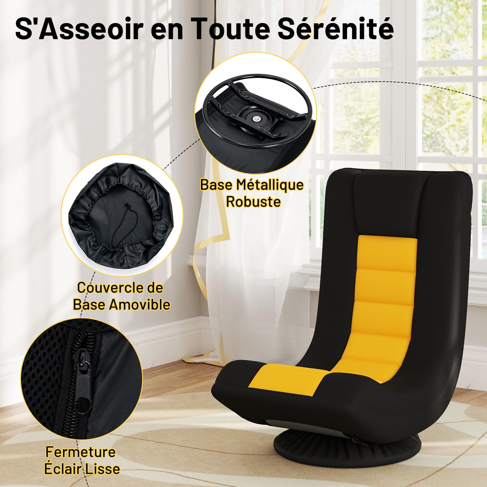 COSTWAY Fauteuil Gaming, Fauteuil de Sol Pliable, Chaise Gaming Pivotant à 360° avec Dossier Réglable, Canapé de Sol, Cadre en Métal Robuste, pour Adultes, Adolescentes, Enfants (Jaune)