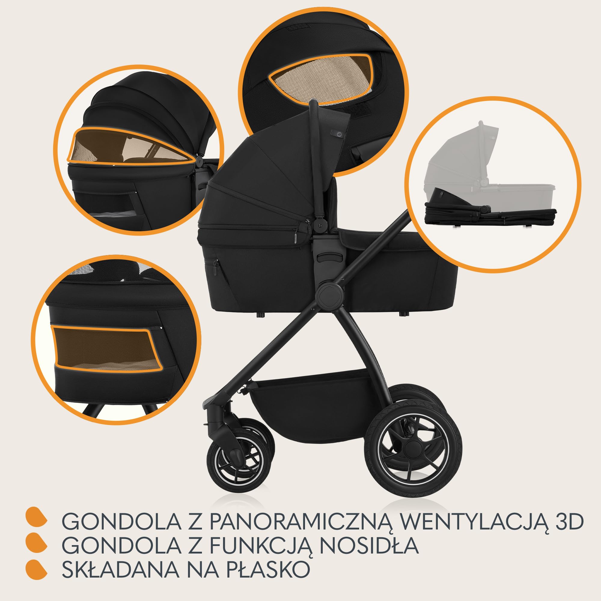 LIONELO MERIL 3 in 1 Wielofunkcyjny Wózek Dziecięcy 0-48 Miesięcy Do 22 Kg, Gondola Do 9 Kg, Fotelik Samochodowy Do 13 Kg, Koła Terenowe 360°, Pełna Amortyzacja, Budka XXL UPF50+ (Czarny)