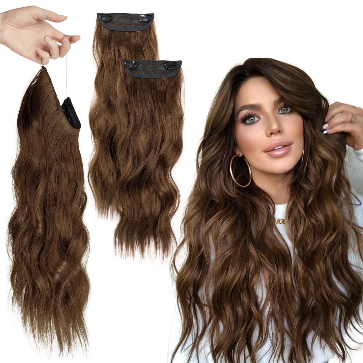 3pcs Full Head Invisible Wavy Clip Halo Hair Extensions Clips in HairPiece with 2 Secret Invisible Wire Transparent Adjustable Size for Daily Party Use (20inches Brown)