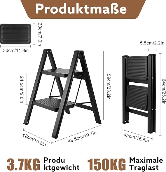Step Ladder 2 Steps Foldable Non-Slip Ladder Portable Folding Step Small Ladder with Widened Pedal Folding Ladder Maximum Load 150 kg Household Ladder for Household and Kitchen Black