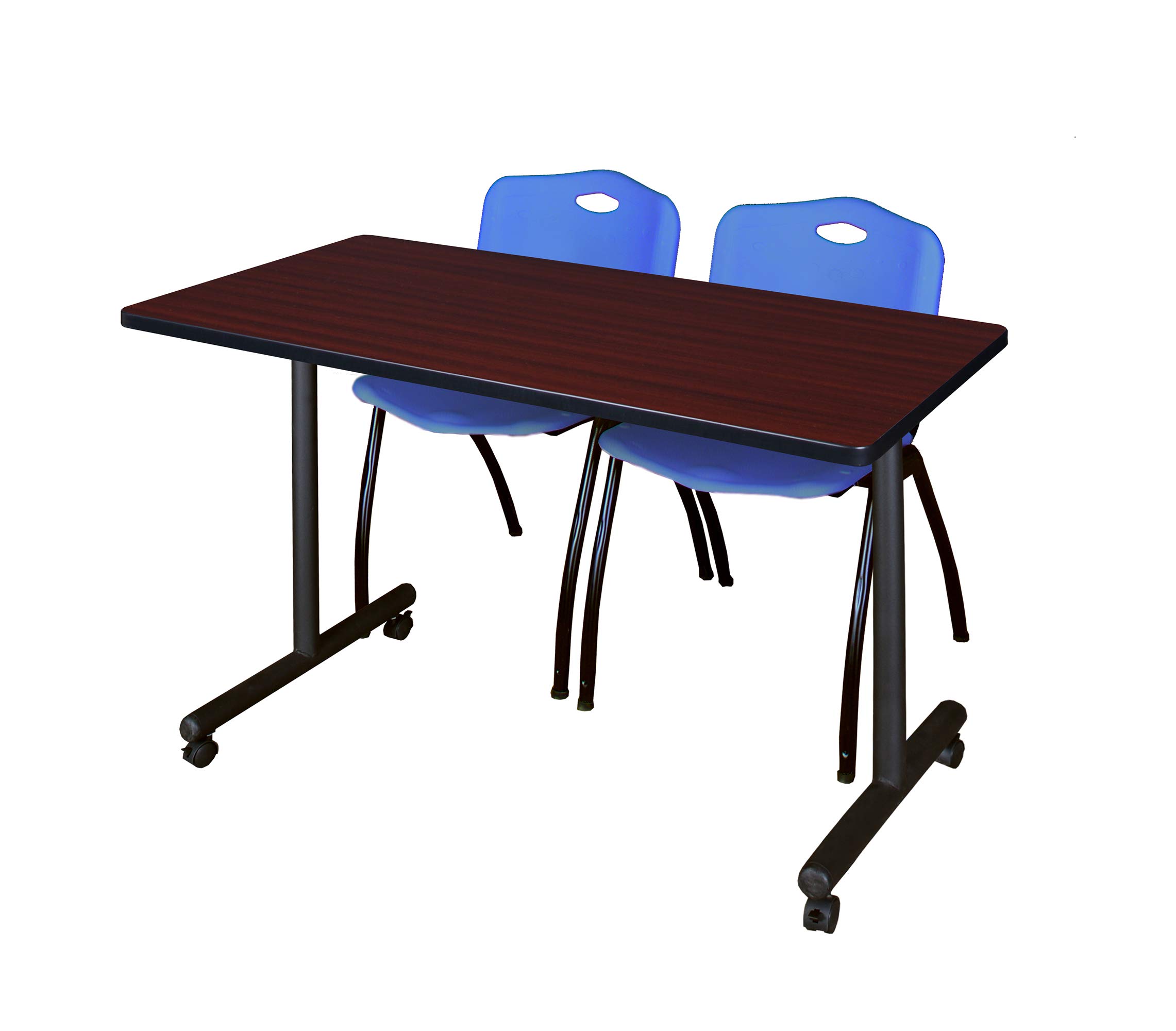 Romig Axis-Pro 48 x 24 in. Mobile T-Base Training Table- Mahogany, 2 M Stack Chairs- Blue