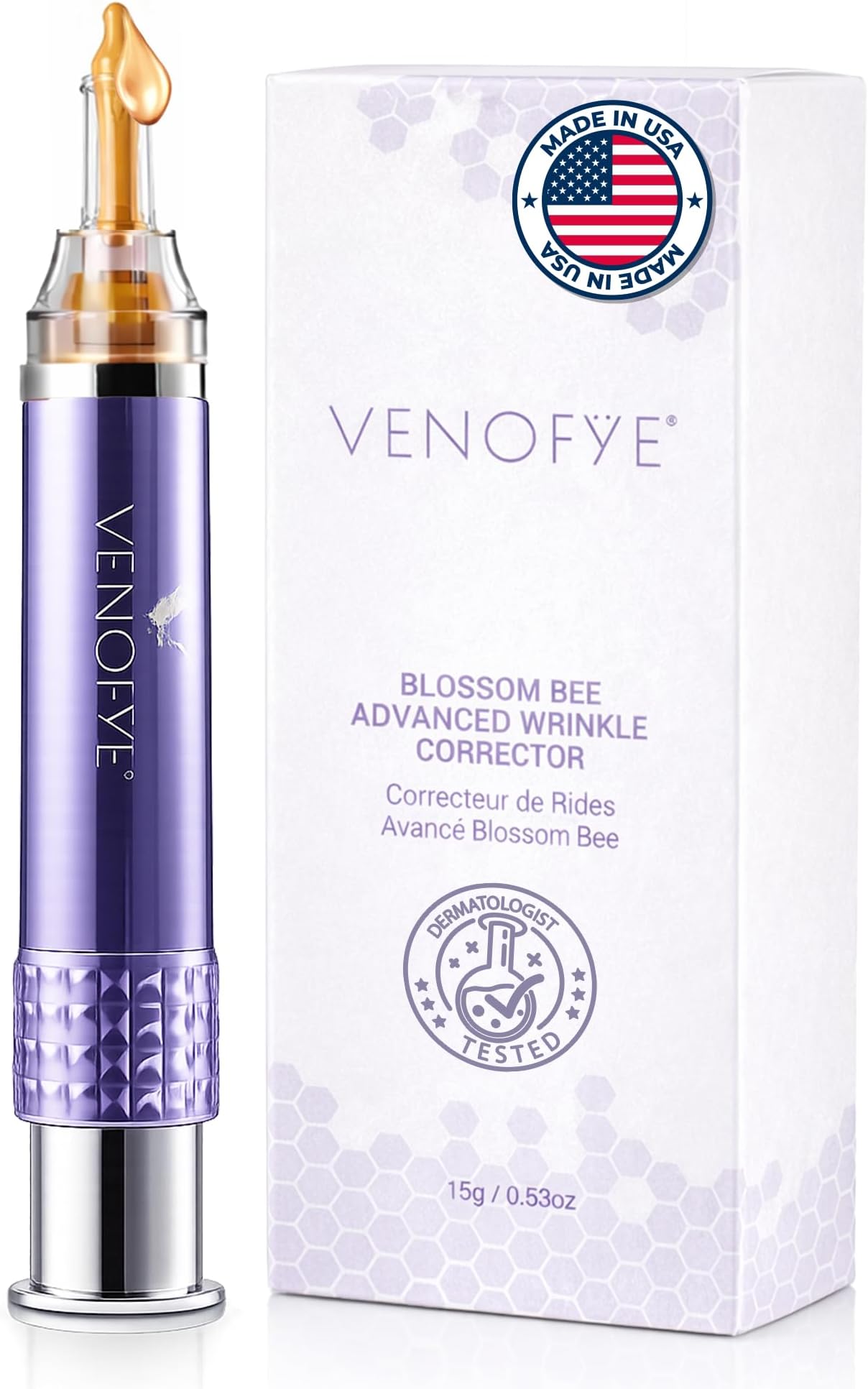 Venofye Blossom Bee Advanced Wrinkle Corrector - Instant Wrinkle Filler with Bee Venom, Peptides, Hyaluronic Acid - Temporary Skin Tightener - for Under Eye Bags, Forehead and Mouth Lines - 0.53 Oz