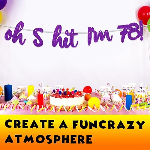 Miniatura 5 de Oh S*it I'm 78! - Fondo de pancarta con purpurina púrpura Hello 78 Cheers to 78 años de edad, decoración temática para niños y niñas, suministros de