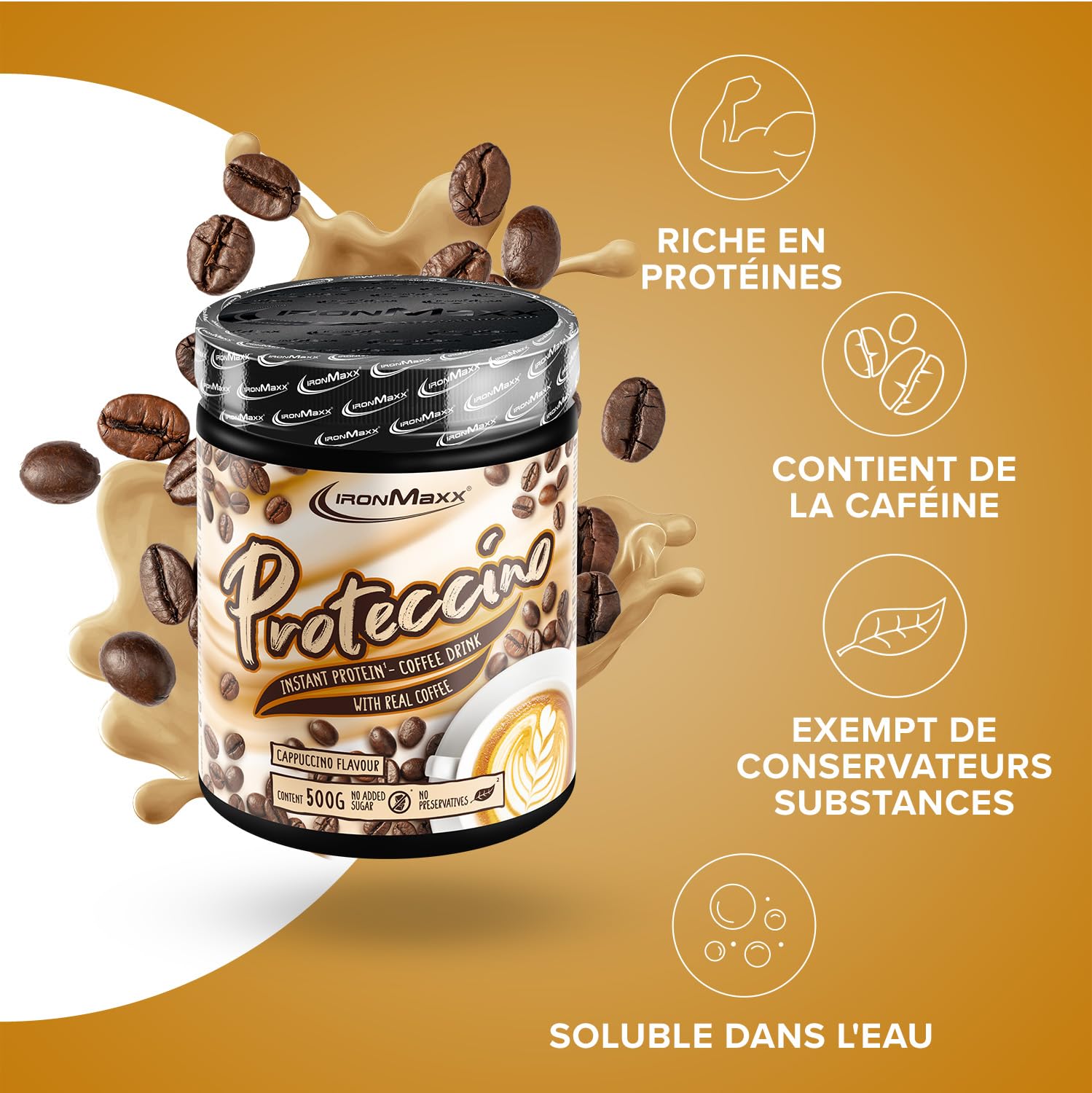 IronMaxx Proteccino Cappuccino 500 g – Café instantané protéiné avec whey protéine et caféine, sans sucres ajoutés, poudre pour boisson protéinée gourmande, idéale pour routine sportive