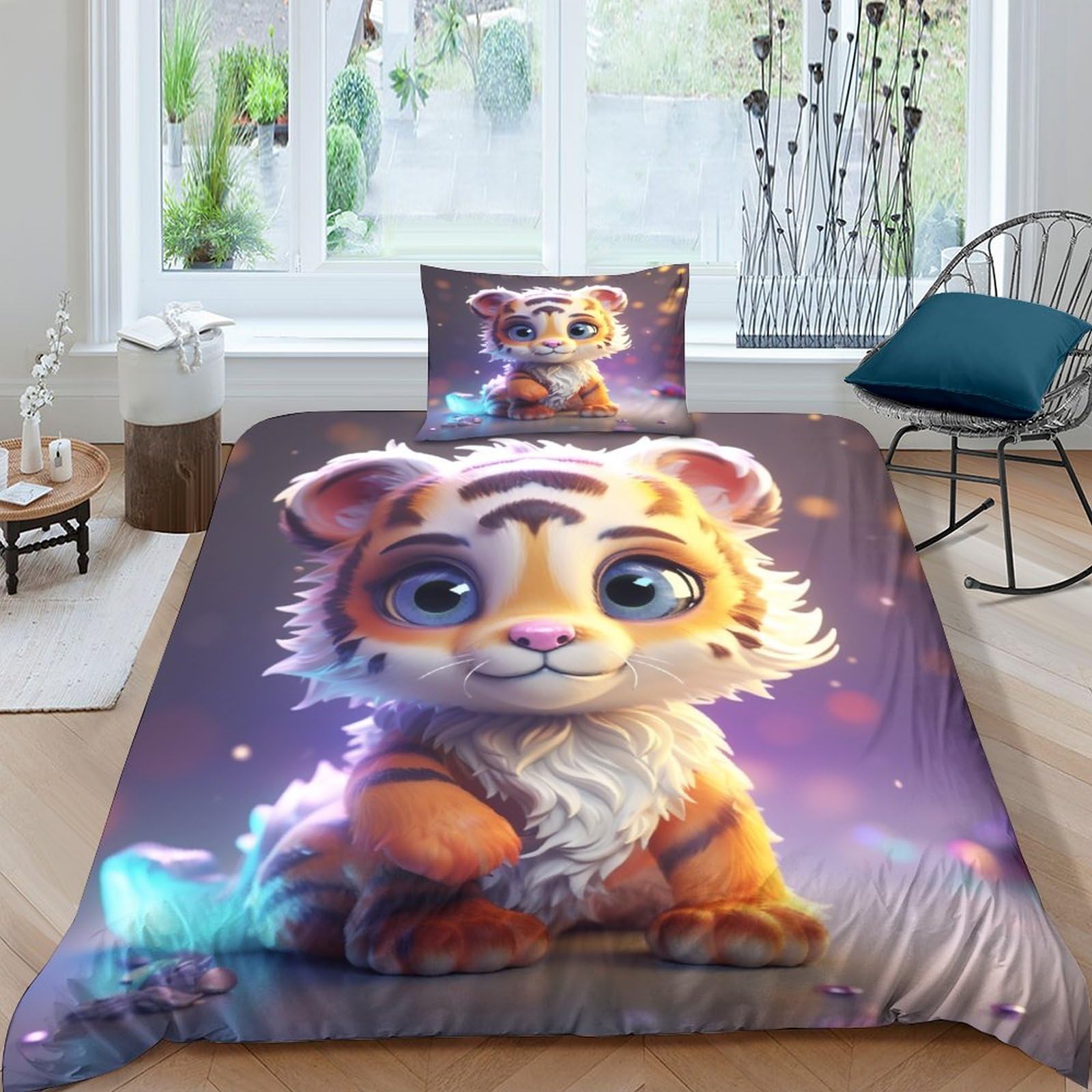 Cute Little Tiger 3D Printed Bedding Set Soft Microfiber Cartoon Animals Comforter Cover with Pillowcaser, Quilt Cover with Zipper,Duvet Cover Set Light Weight for Kids Girls，boys Single（135x200cm）