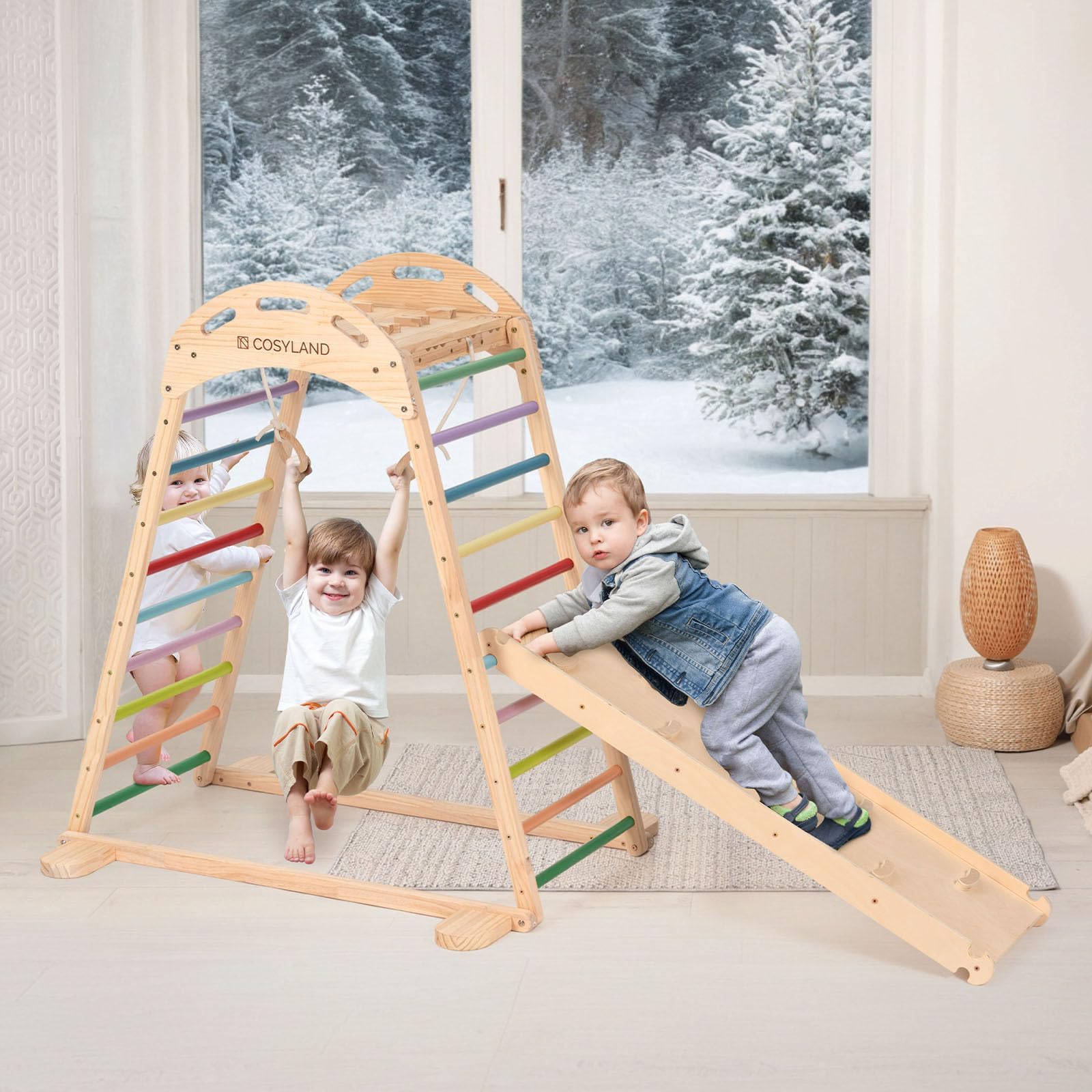 COSYLAND Indoor Playground Jungle Gym Playset for Kids, 7 in 1 Climbing Toys for Toddlers with Slide and Beech Hanging Ring,Quick Installation Sturdy Indoor Climbing Playset for Small Space (Rainbow)