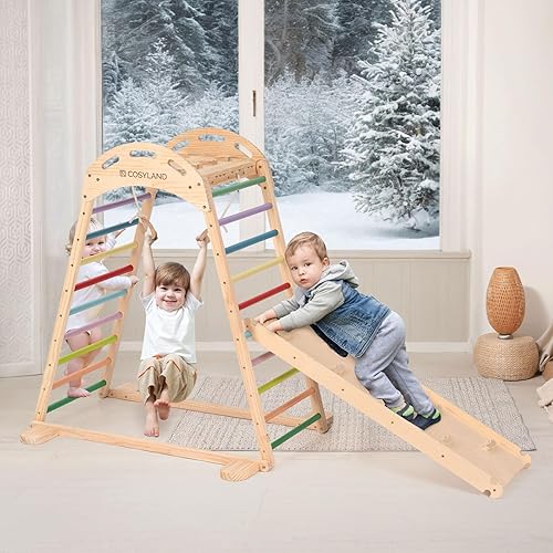 COSYLAND Zona de juegos interior, juego de gimnasio de la jungla para niños, juguetes de escalada 7 en 1 para niños pequeños con anillo para colgar