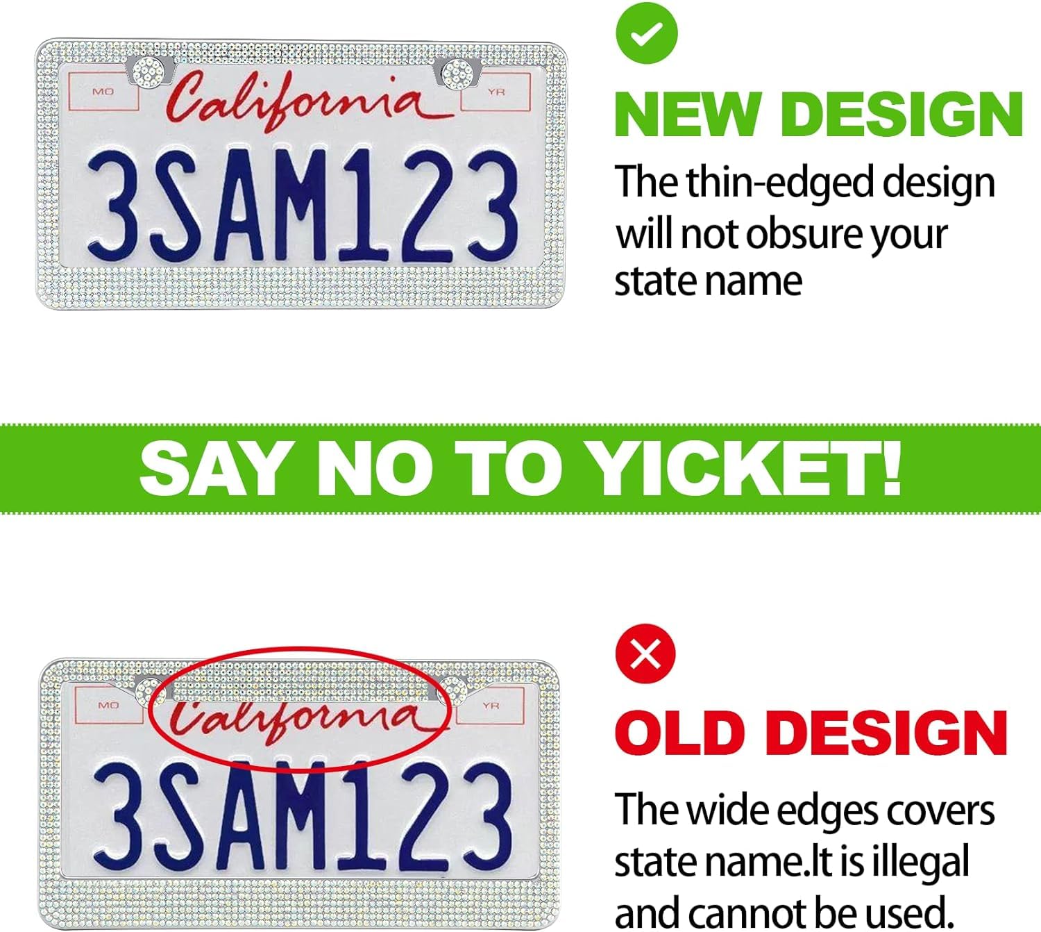 Runone 2 Pack Bling License Plate Frame for Women Sparkly Rhinestone Stainless Steel License Plate Holder Car Accessories — view 7