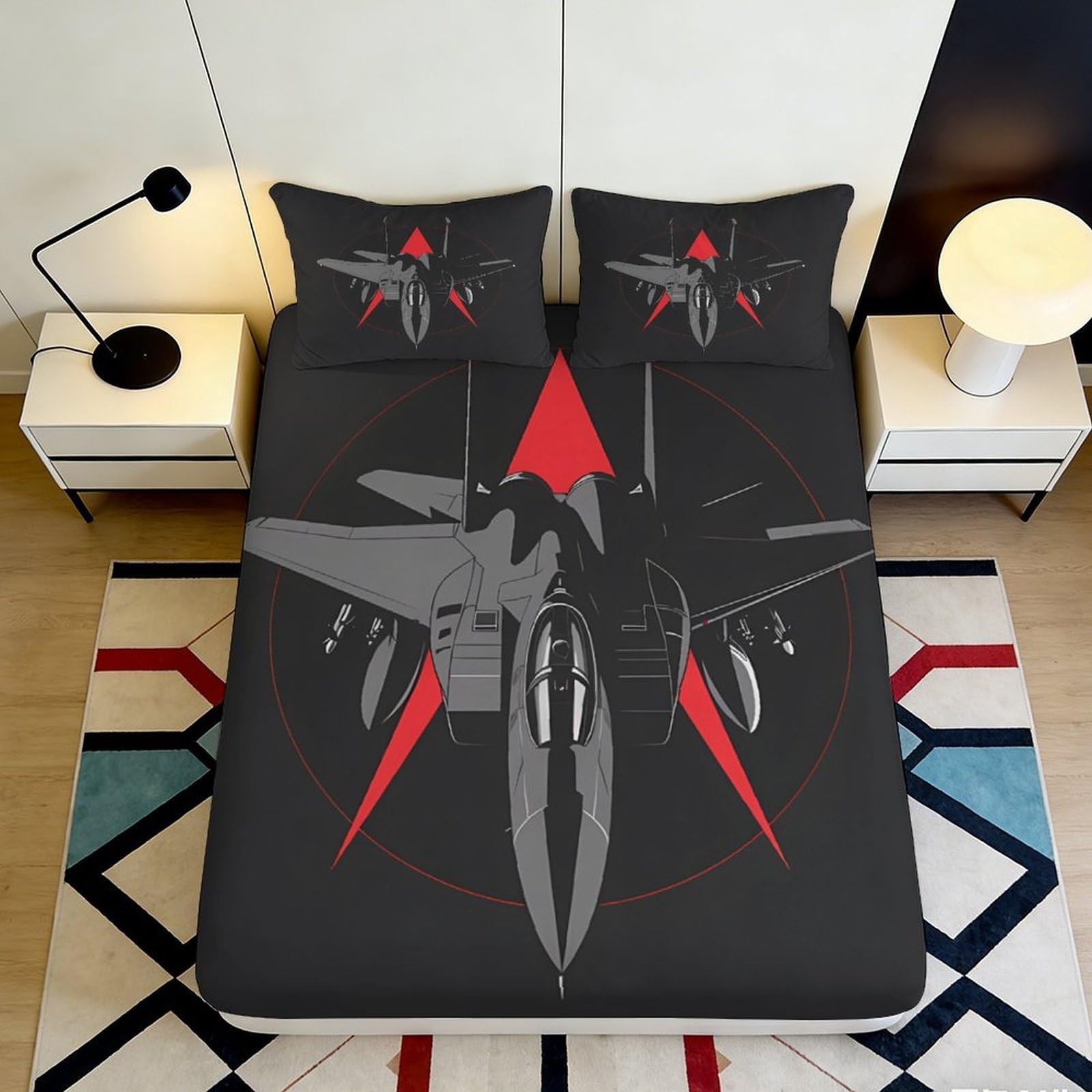 3D Printed Fighter Jet Fitted Sheet Microfiber Black Red Aircraft Bed Sheet for Bedroom Guest Room Mattress Protection 90x200x25cm
