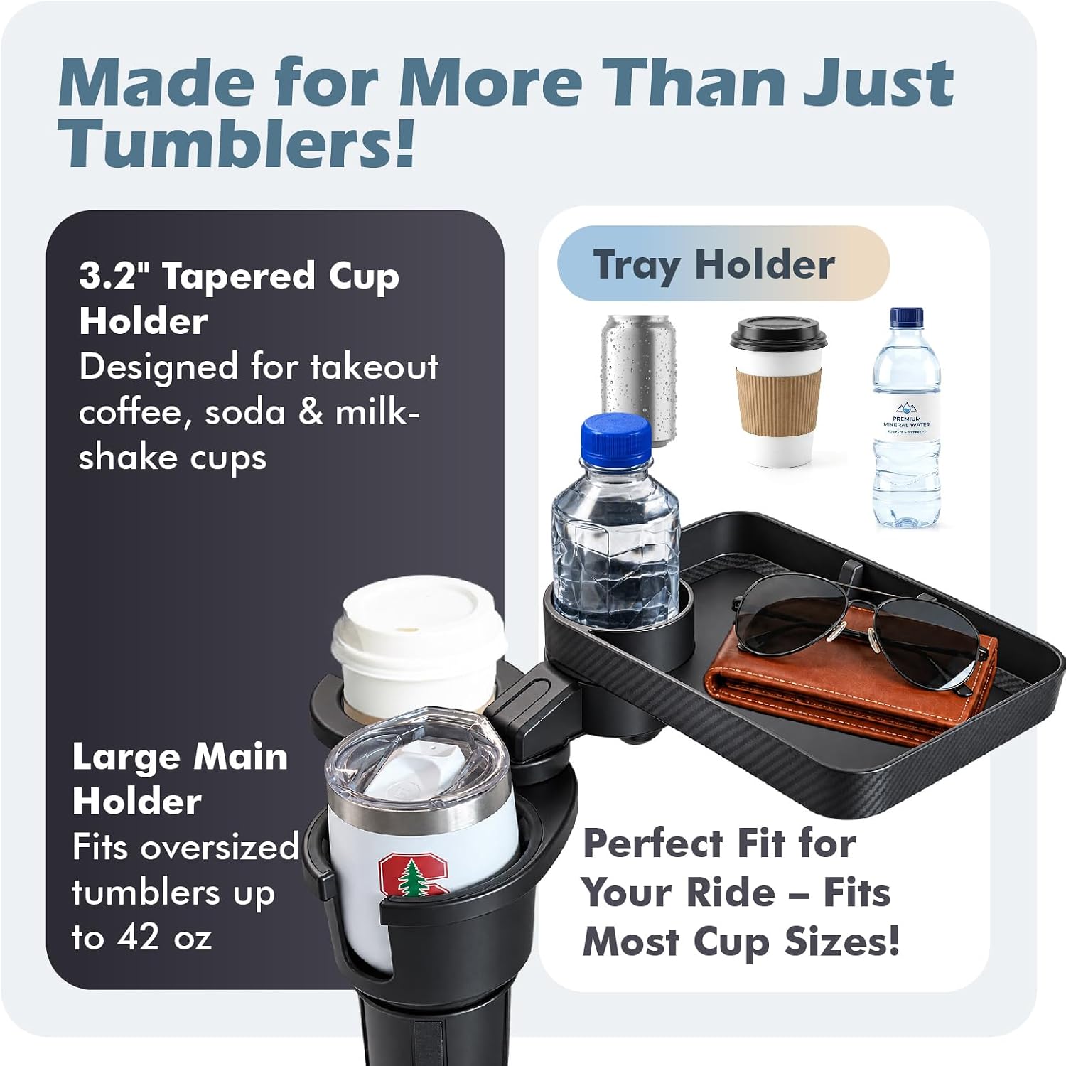 Car Cup Holder Tray with 360°Rotating Food Tray Table & Extra Drink Ring
