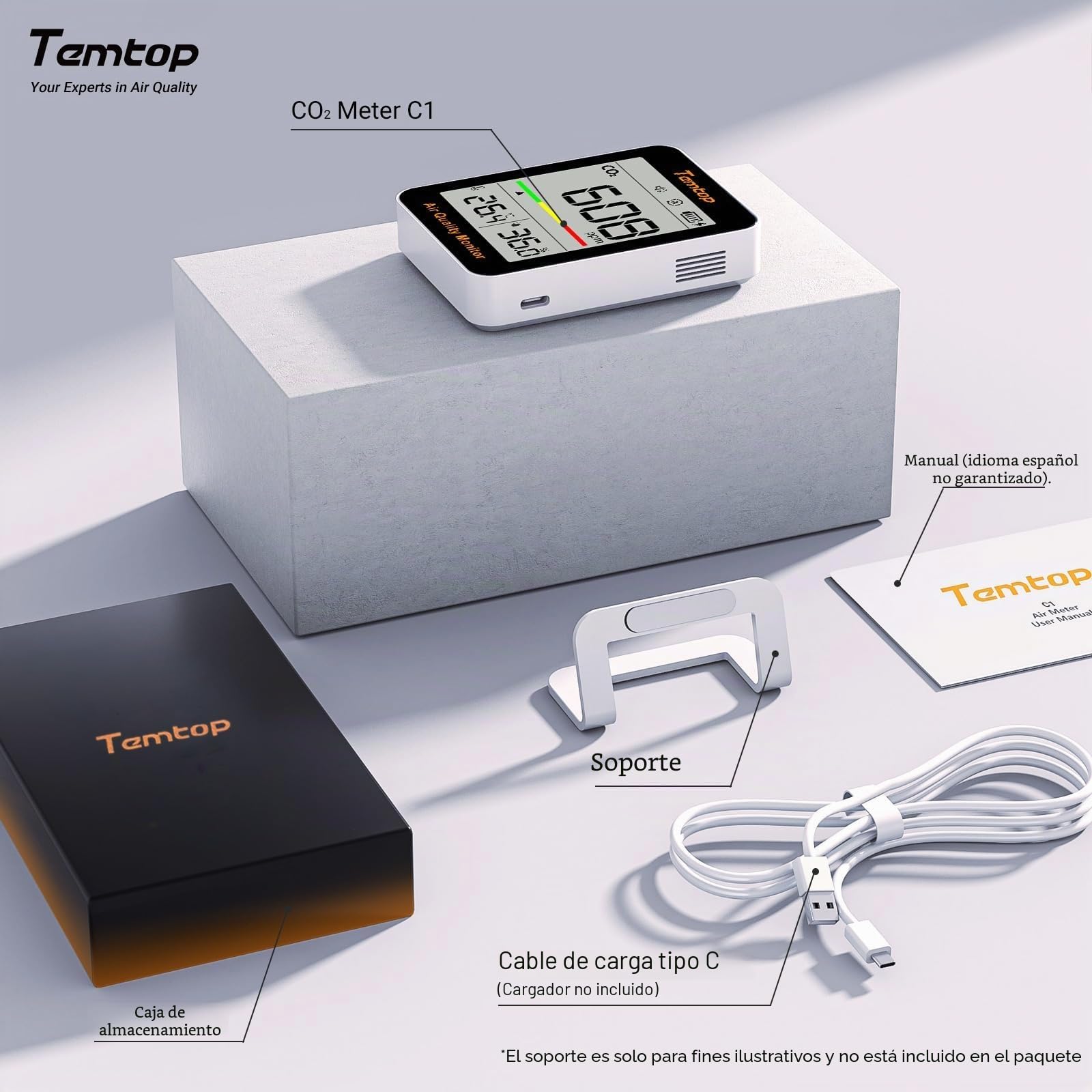 Temtop C1 Monitor de CO2, Monitor de Calidad del Aire Interior Medidor Portátil de CO2 Temperatura Humedad Hogar Oficina o Escuela
