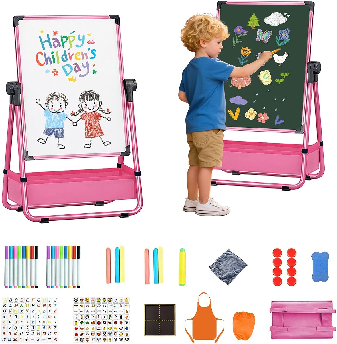 Caballete de arte para niños, tablero de dibujo ajustable de doble cara para niños pequeños | Caballete de pie para niños con pizarra magnética y pizarra, giratorio de 360°, plegable, caballete de pintura para niños para regalo de cumpleaños de 2 a 6