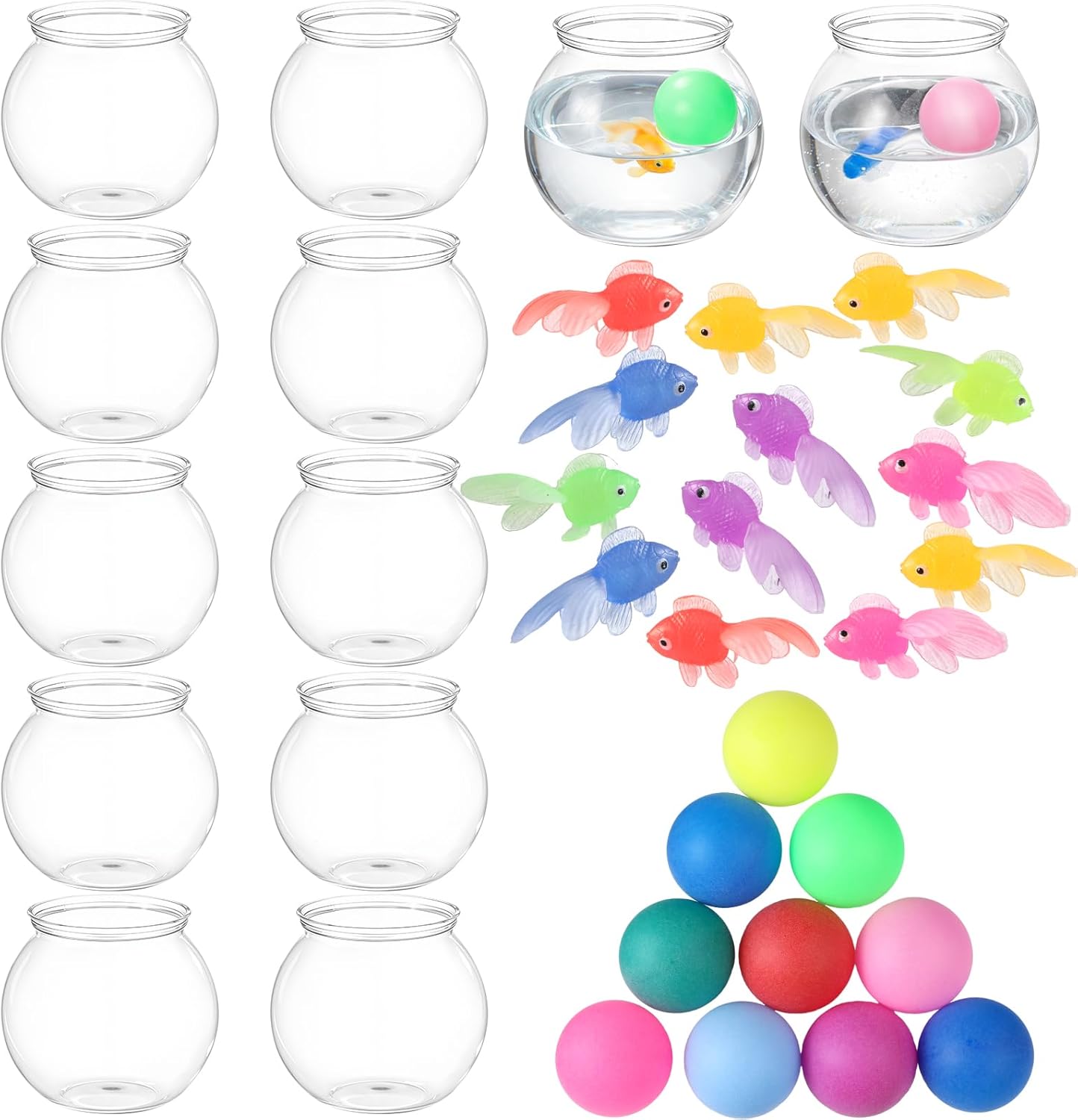 JolliLudo 16 oz Table Tennis Fish Bowl Game Set: 12 Plastic Bowls, 12 Colorful Goldfish Toys, 20 Ping Pong Balls for Carnival Parties