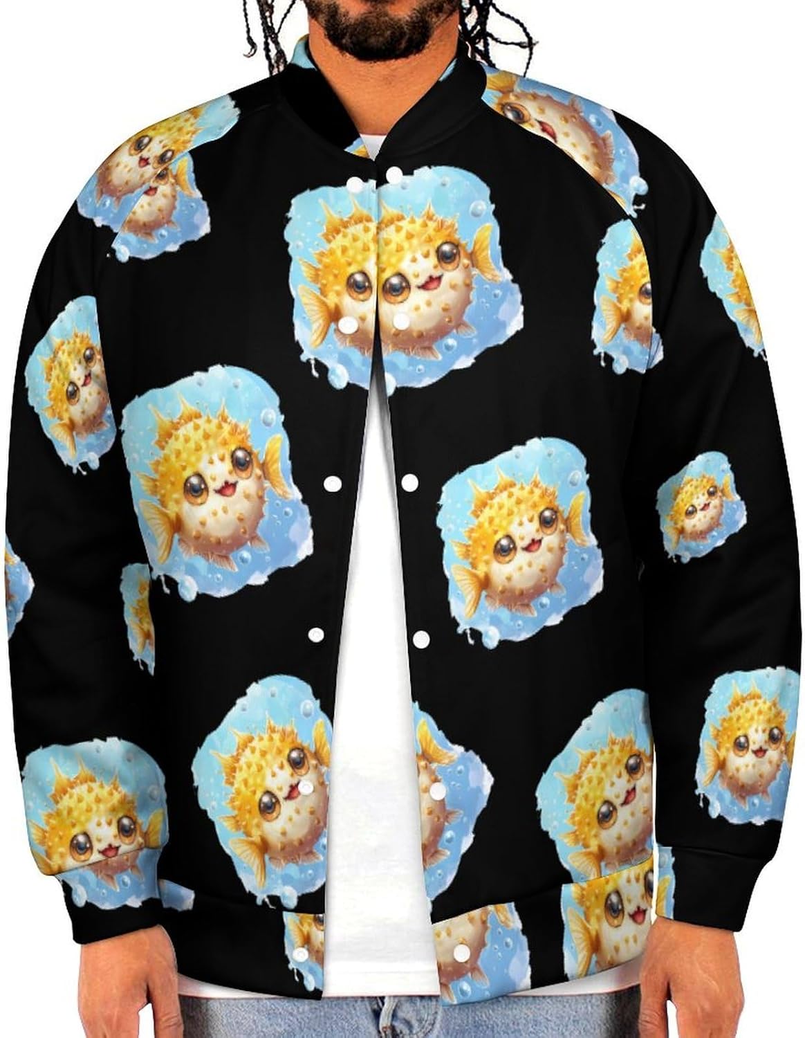 Cute Puffer Fish Novelty Men's Baseball Jackets Causal Sweatshirt Button Top Long Sleeve Coat