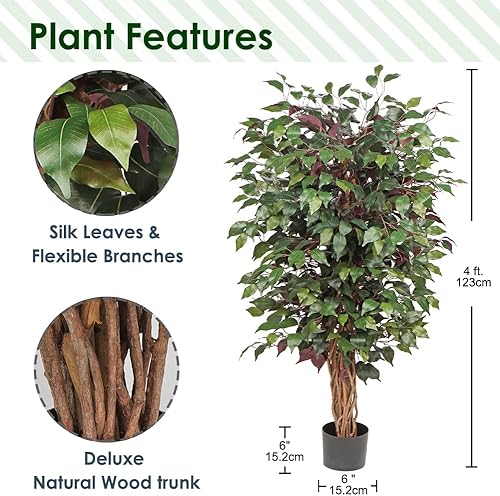 Miniatura 2 de Árbol de ficus artificial de 4 pies de alto 48 pulgadas de seda sintética en maceta de algodón con hojas verdes con hojas rojas y tronco realista