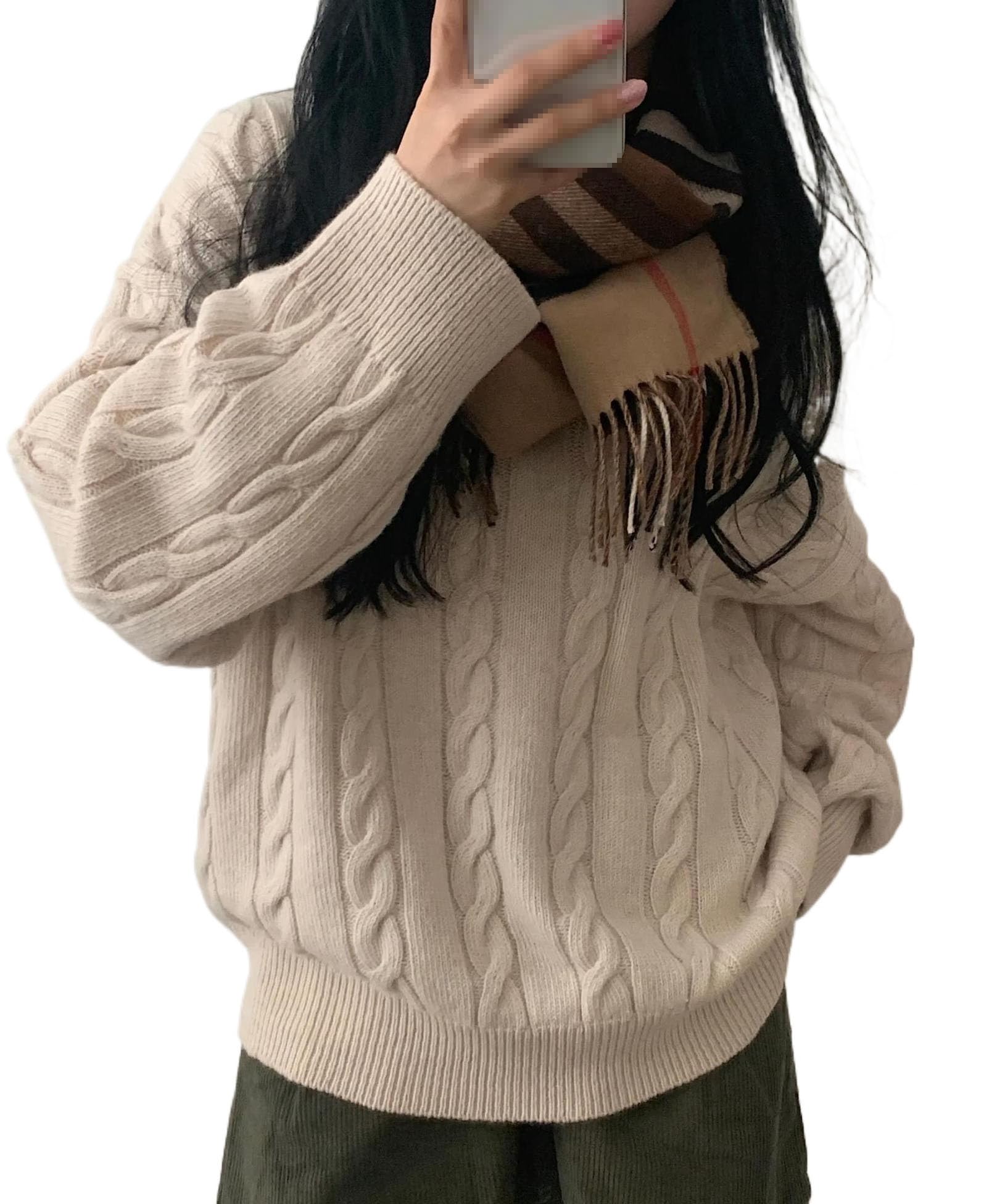 Womens V-Neck Knit Sweater Winter Autumn Loose Long Sleeve Pullover Casual Apricot