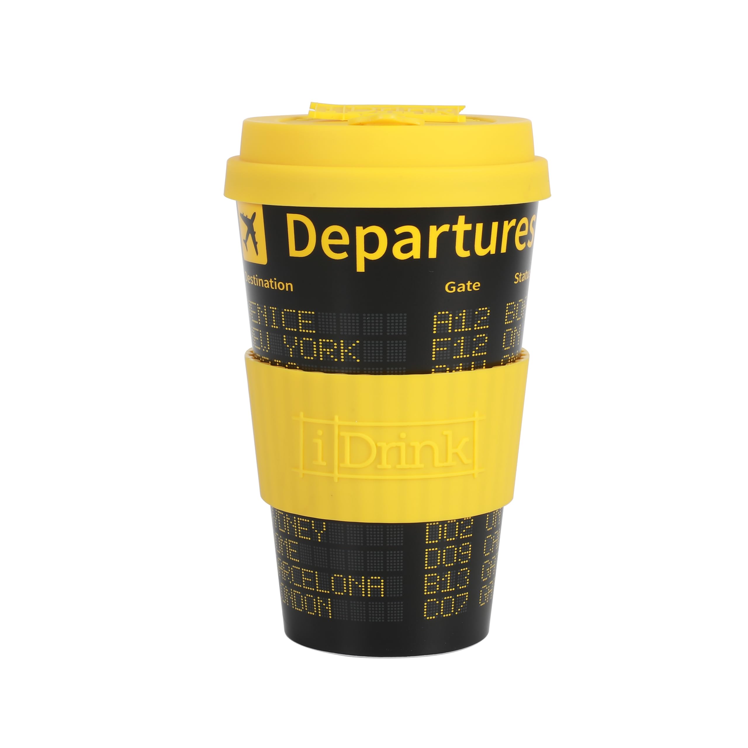 IDRINK®- Tazza in RPET per Caffé con Tappo in Silicone Apribile, Facile da Portare 435 ml, Mug Takeaway Plastica Riciclata 8.7 x 8.7 x 15 cm Ergonomica 435 ml (DEPARTURES)