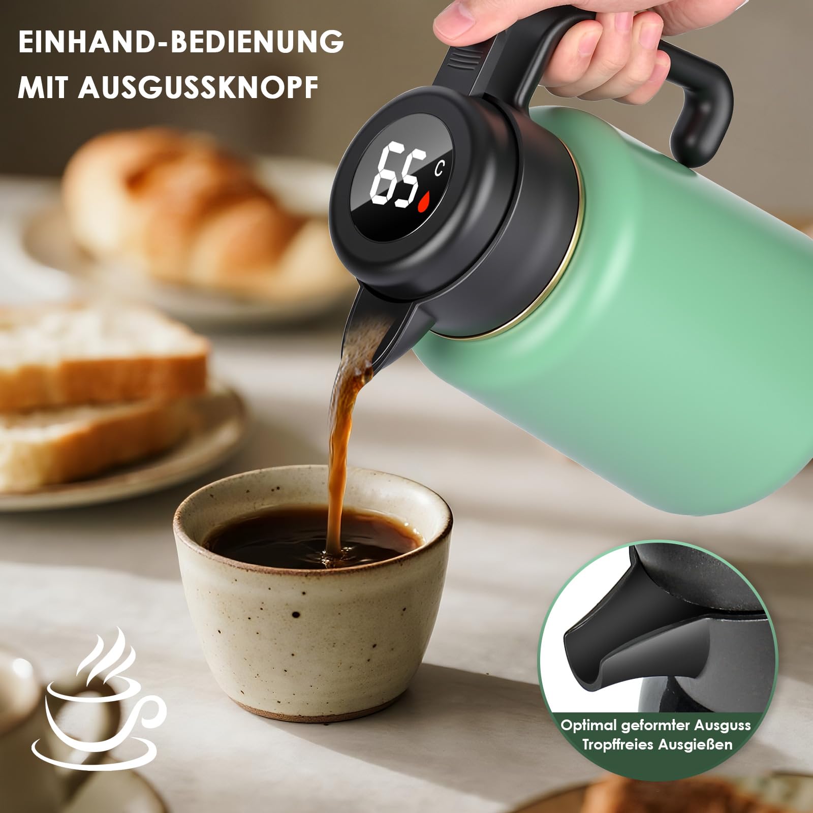 Thermoskanne 1,8-Liter mit Temperaturanzeige, Thermoskanne mit Teesieb 100% Leck & Tropfdicht, Kaffeekanne Thermo für Milch, Tee & Kaffee