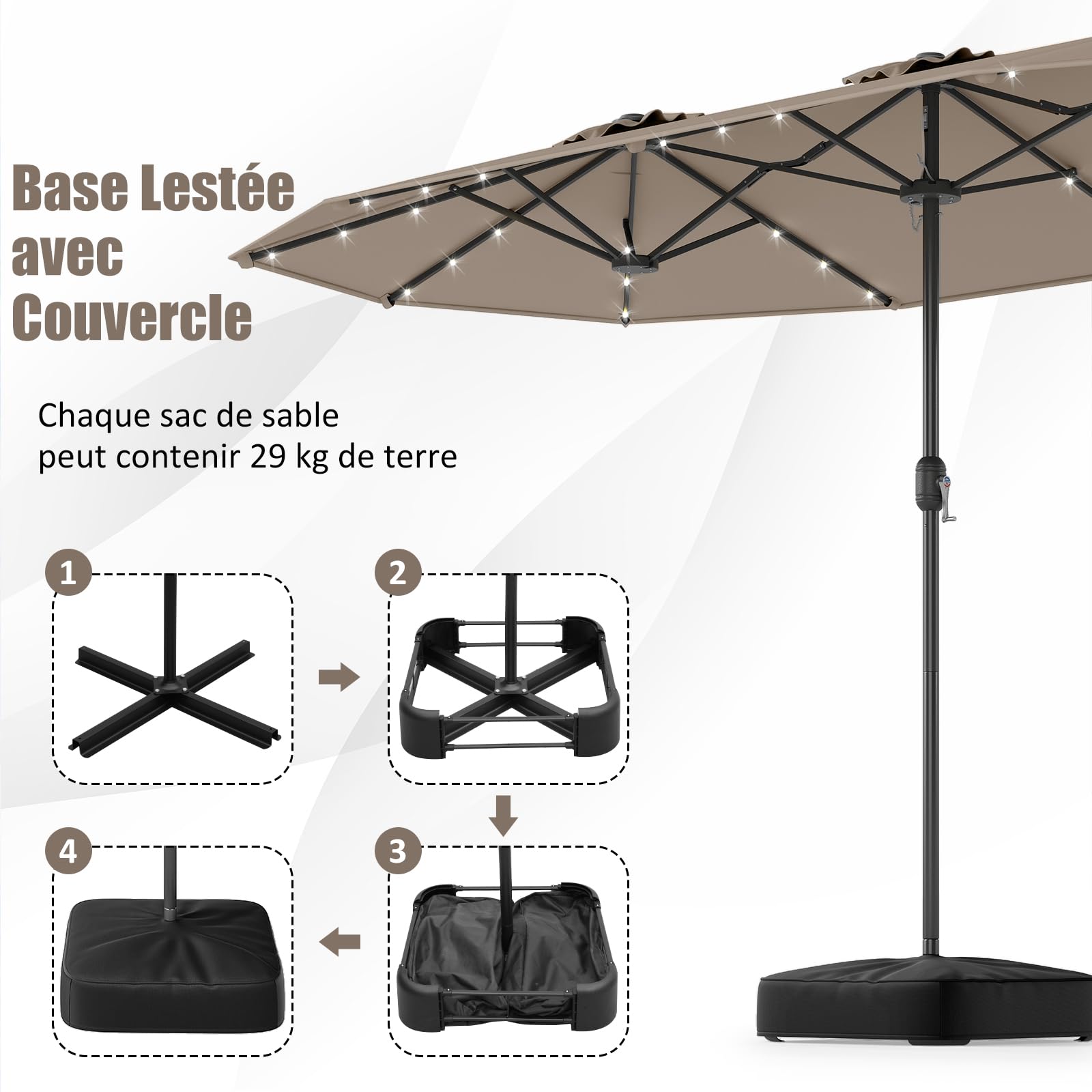 GOPLUS Grand Parasol de Jardin Exterieur avec Pied, 4M Parasol Rectangulaire Double Face pour 6 Personnes avec LED, Manivelle et Ventilation, pour Marché, Piscine, Terrasse, Balcon (Café)