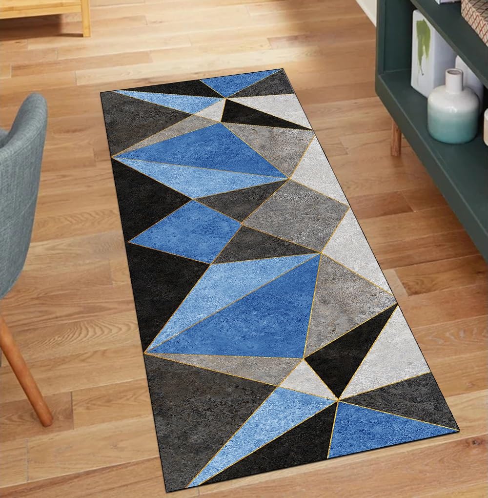 Tapis de couloir bleu 60x750 cm lavable et antidérapant style patchwork