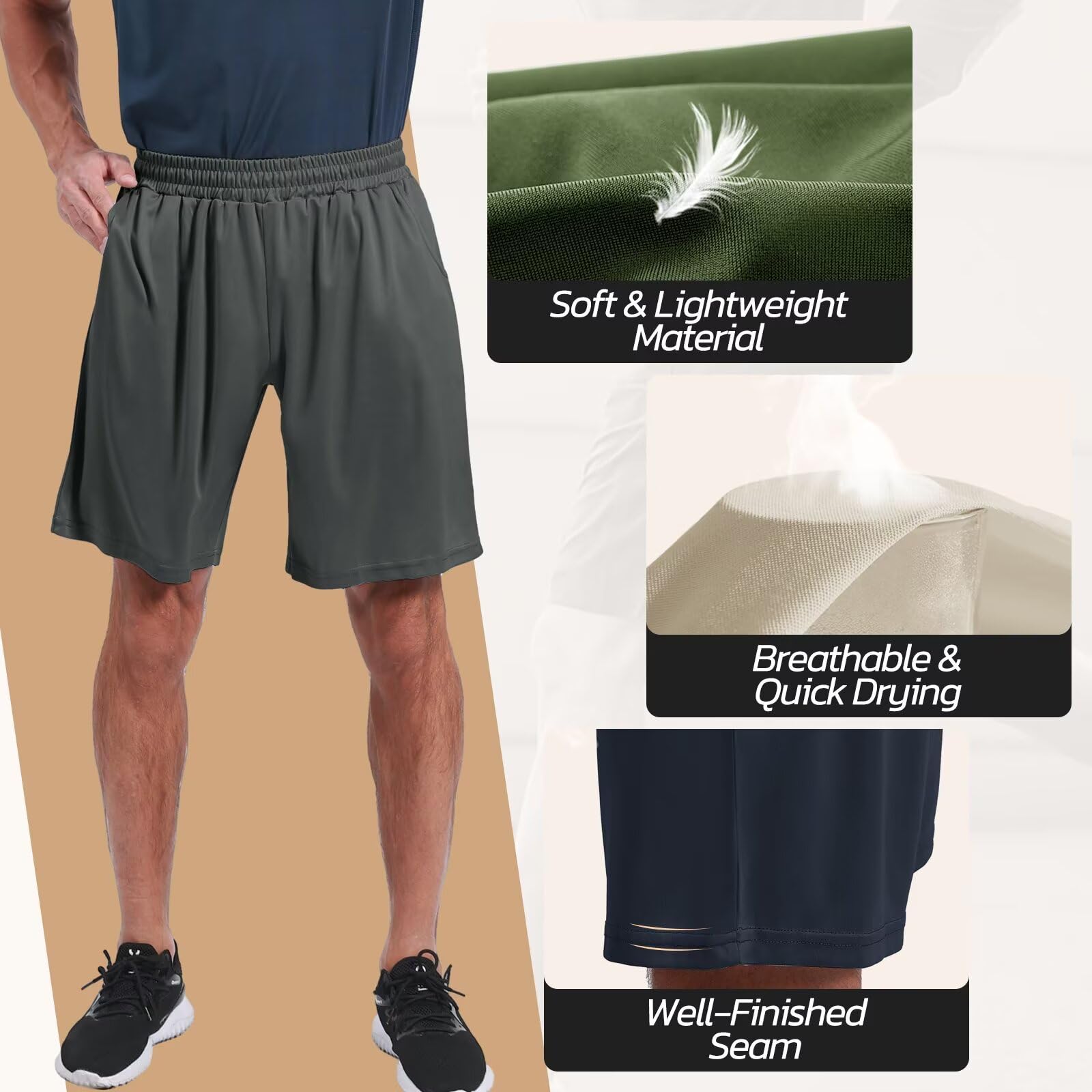 BOOJO Confezione da 3 pantaloncini da palestra da uomo con tasche, traspiranti, per corsa, allenamento