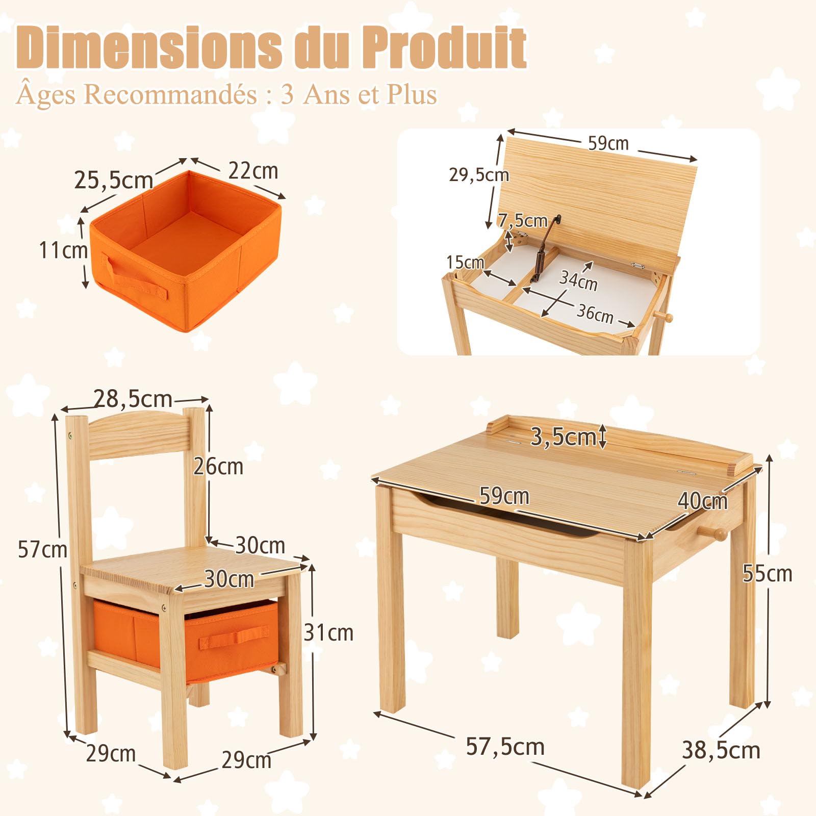 DREAMADE Bureau et Chaise Enfants 59x40x55CM en Bois,Table d'Étude Enfant 3+Ans,Plateau Rabattable,Crochet,Table et Chaise avec Tiroir en Tissu pour Fille Garçon,Charge 70KG (Naturel)