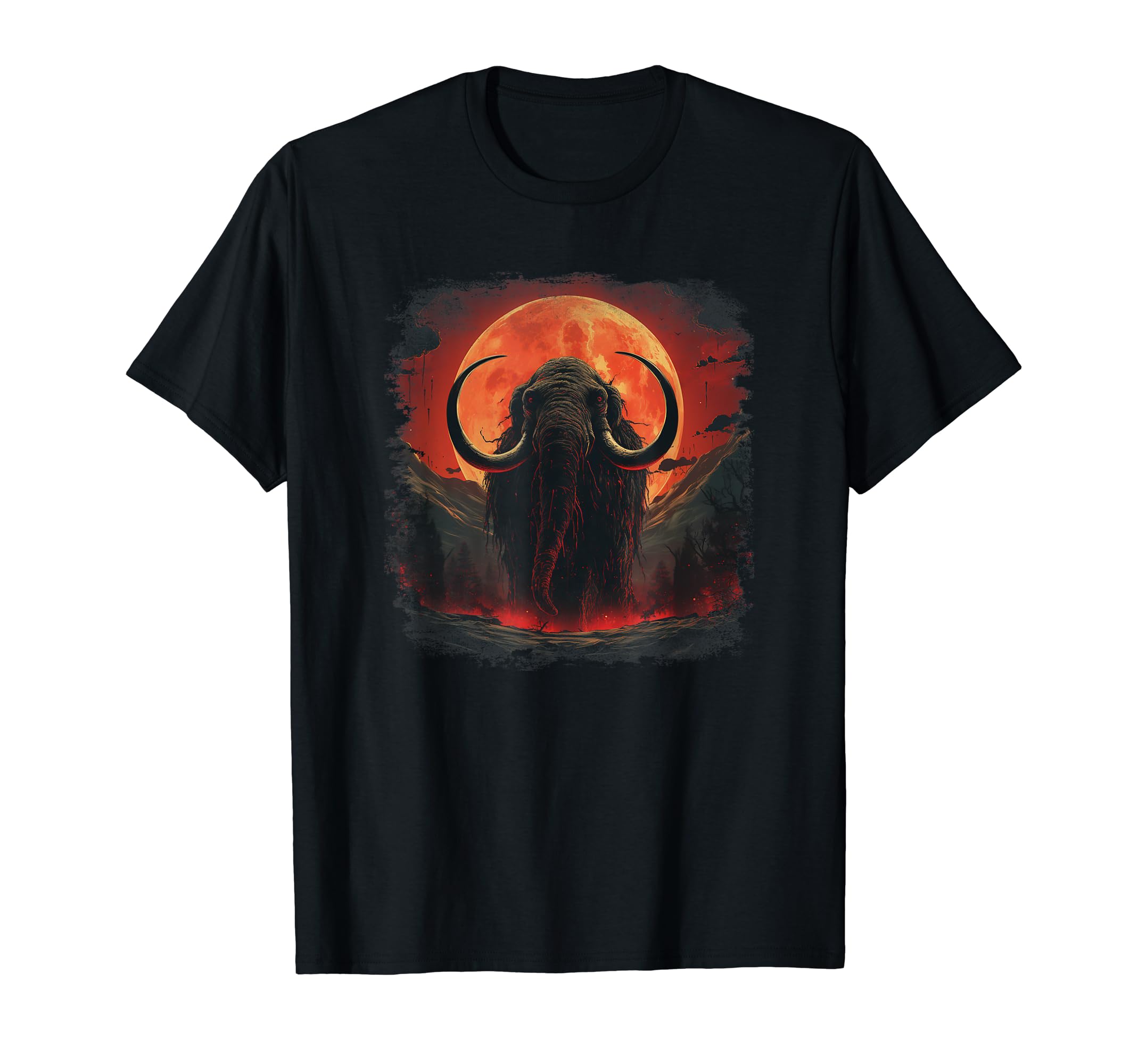 Black red woolly mammoth portrait sunset Mammuthus anime art T-Shirt