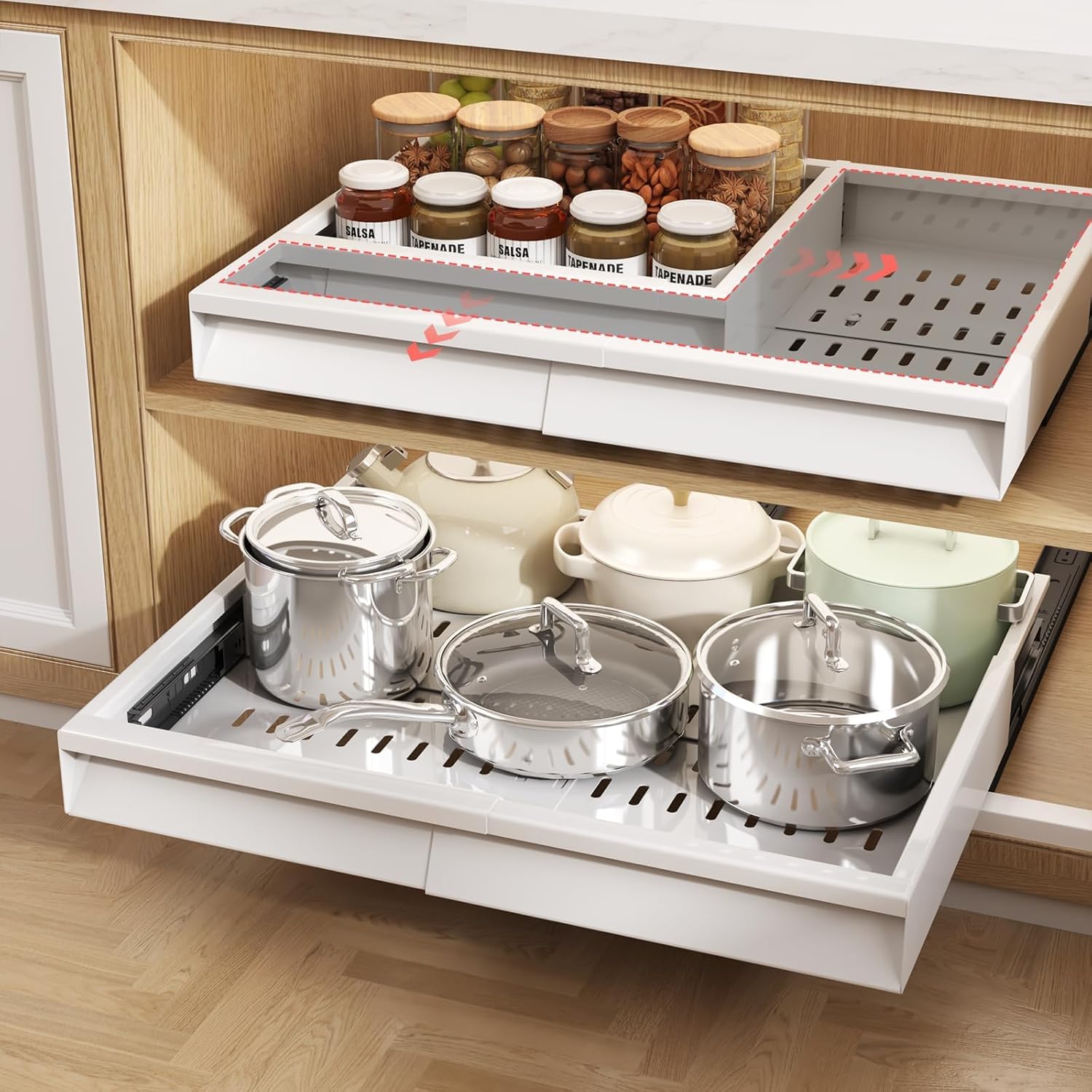 2 Pack Pull Out Cabinet Organizer With Raising Pad for Framed Cabinets,Expandable W...