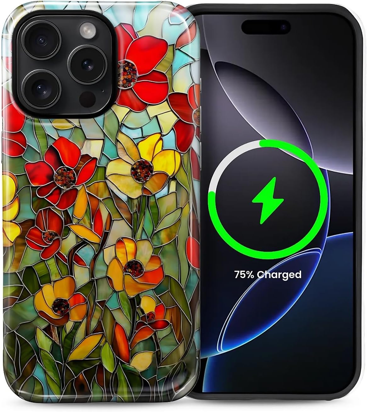 Magnetic Phone Case for iPhone 14 Pro,Compatible with MagSafe,Durable 2 Layers Full Covered Shockproof Protective Cover-Stained Glass Floral Botanical Garden