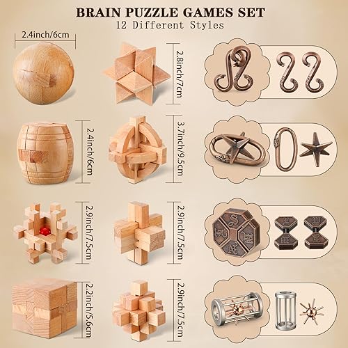 Miniatura 2 de Liliful Paquete de 12 rompecabezas de madera para el cerebro para niños, niñas y adultos, desbloqueo 3D, rompecabezas de madera, rompecabezas de