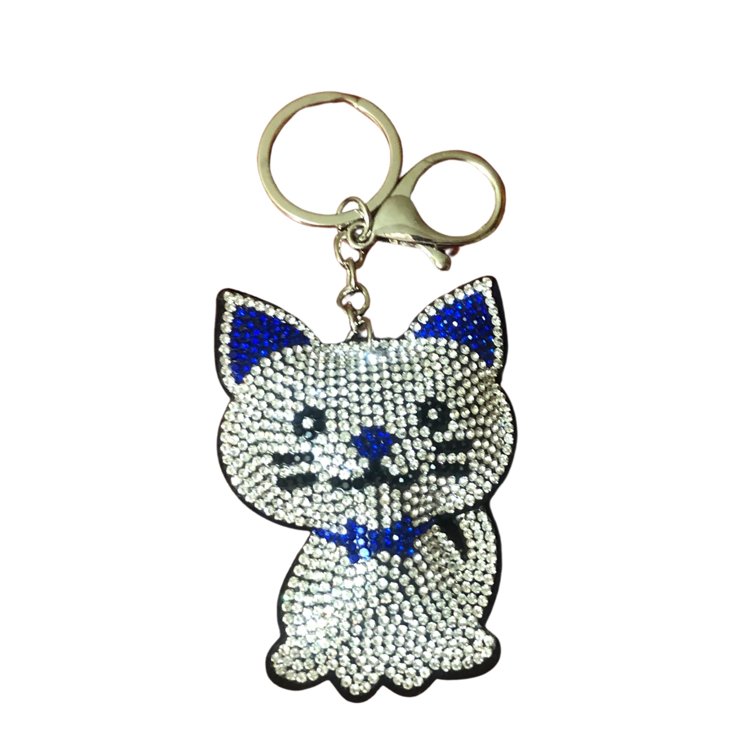 Popfizzy Women's Blue Sparkle Cat (Silver) Bling Keychain Accessories For Rhinestone Keychain, Car Keys Keychain Charms, Cool Purse Charms For Handbags, Large