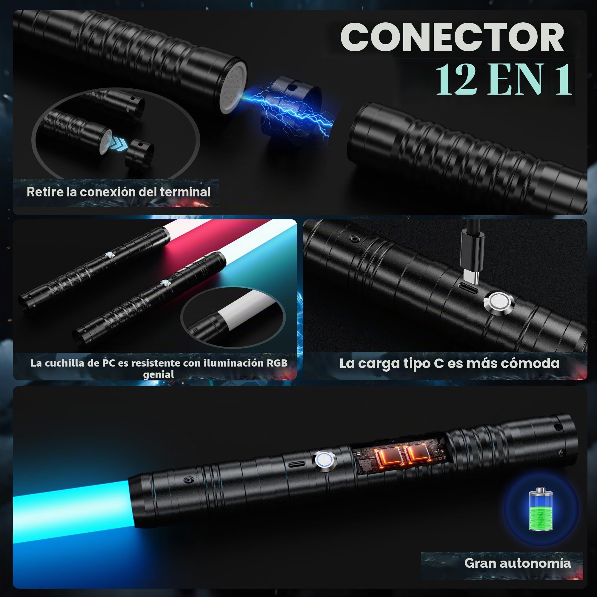 Sable Láser-2 Piezas para Niños, Sable de Luz RGB con 15 Colores, Recargable USB-C,4 Modos de Duelo, Sables Conectables de Metal - Juguete de Cosplay para Películas, Hallowee (2PC Negro 78cm)