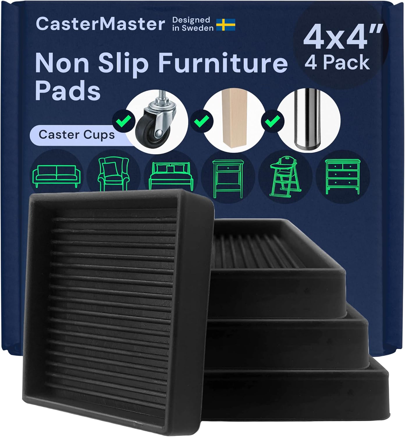 CasterMaster Non-Slip Furniture Pads Square Rubber Anti-Skid Caster Cups, Anti-Sliding Floor Protectors for Furniture (Black, 4'' x 4'' (Pack of 4))