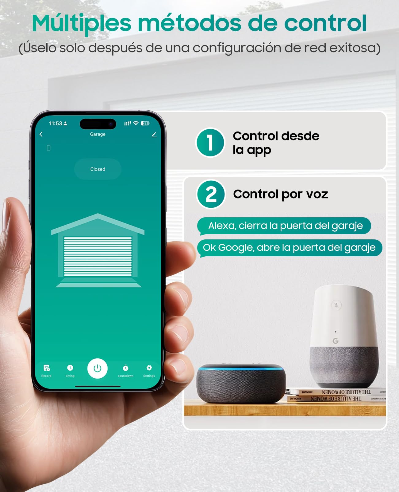Yomogi Abrepuertas de Garaje Wi-Fi, Módulo de Interruptor Inteligente para Garaje, Control por Voz y Programación, Compatible con Alexa/Google Home/Smart Life, Fácil de Instalar