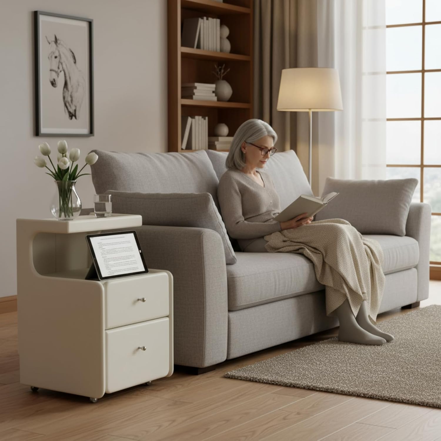 100% Solid Wood Side Table with Wheels LED Light, Narrow Side Table with Storage Drawers, Rolling Bedside Table for Bedroom Living Room Space Saving, Fully Assembled(White, 21.9" H)