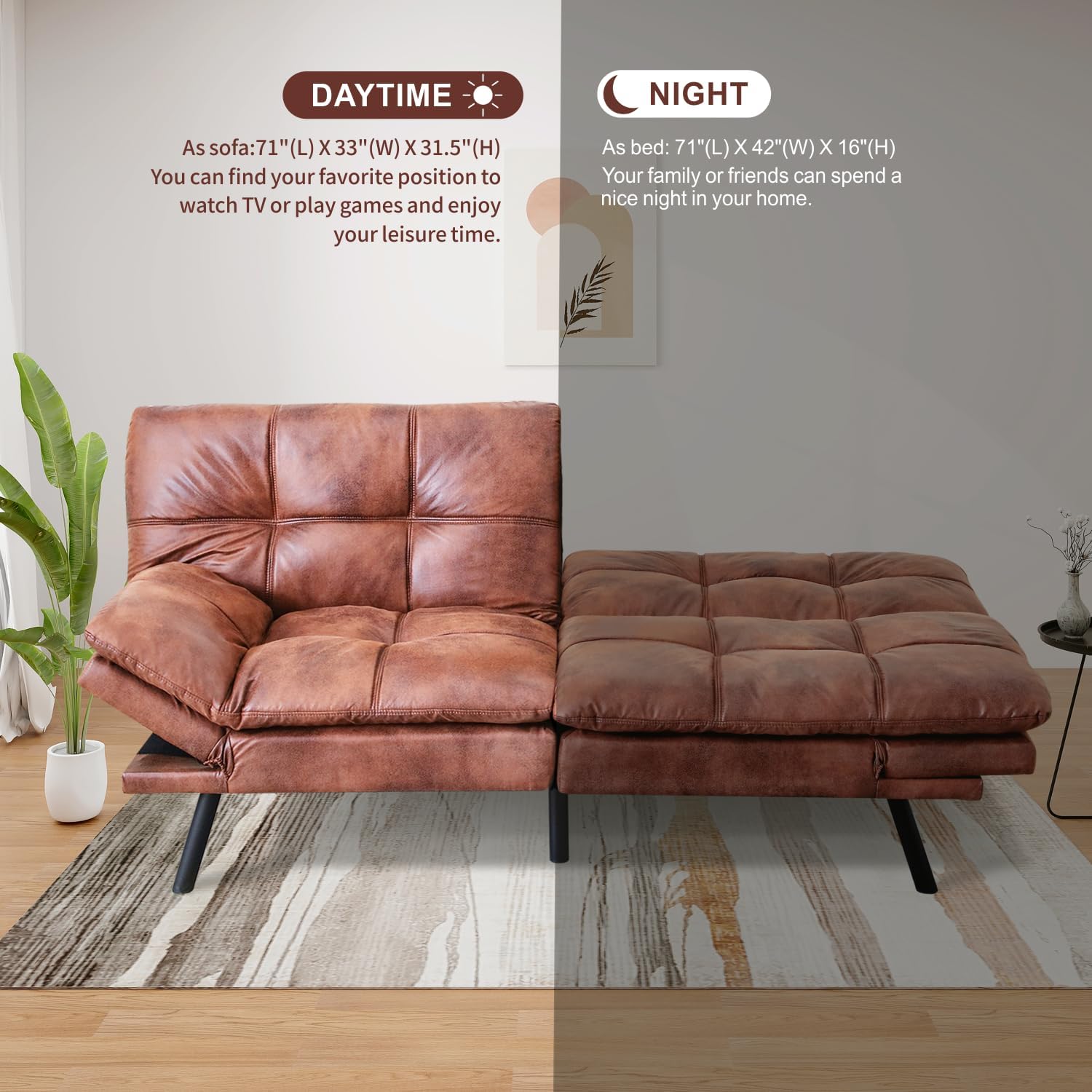 MUUEGM Futon Couch Bed, Convertible Modern Sofa Bed, Memory Foam Love Seat Daybed Sofa Couches for Living Room, Office, 71", Adjustable Backrests Armrests Couch Bed Sleeper.Brown,Leather.