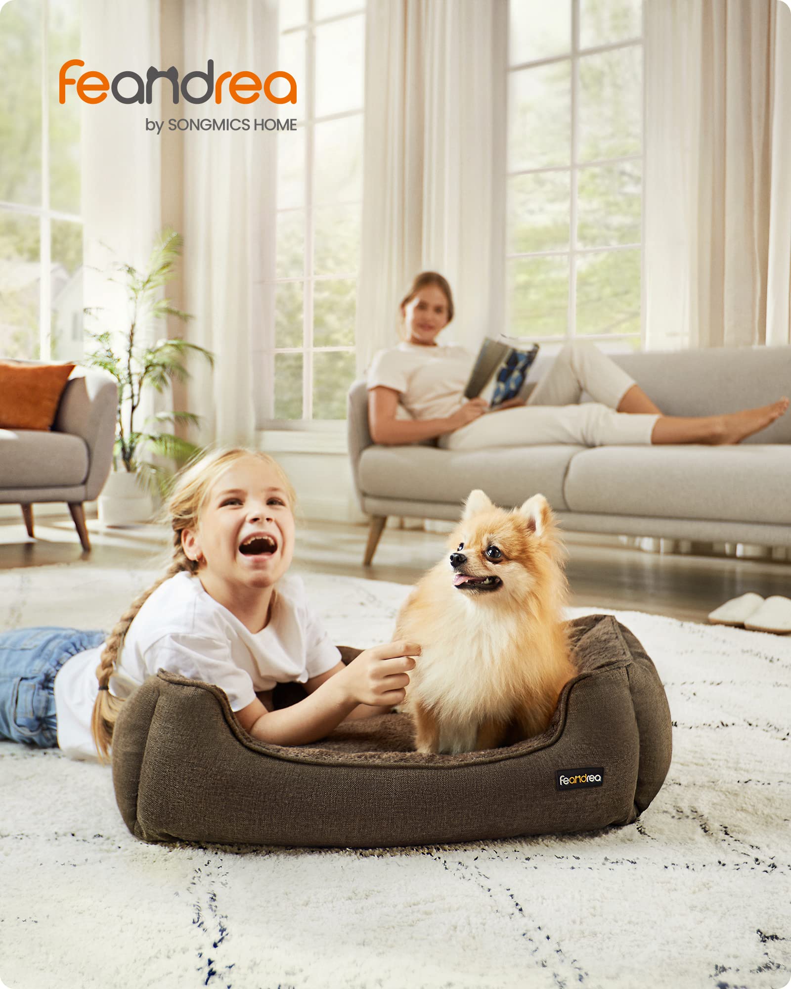 FEANDREA Cuccia per Cani, Lettino per Animali in Simil Lino, Bordi Rialzati, Fondo Antiscivolo, Copertura Sfoderabile per Lavaggio, Taglia M per Cane Piccolo, 70 x 55 x 21 cm, Marrone PGW10CC