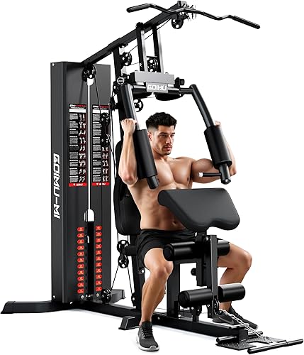 Gimnasio en casa, estación de entrenamiento M1 con pila de peso de 140 libras, equipo multifuncional de gimnasio en casa con sistema de polea para